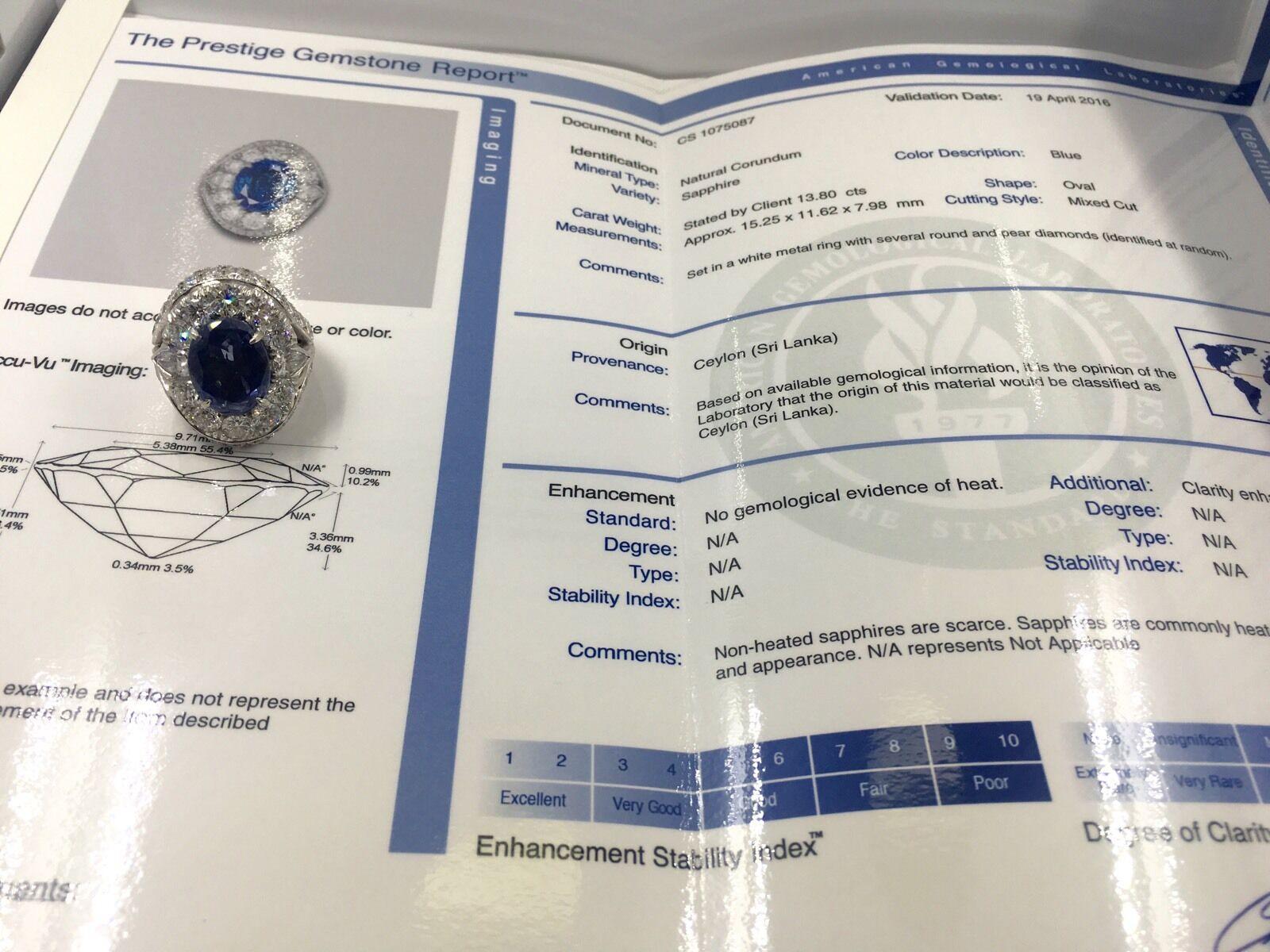 13,80 Karat natürlicher unerhitzter Ceylon-Saphir-Diamantring im Zustand „Gut“ im Angebot in Miami, FL