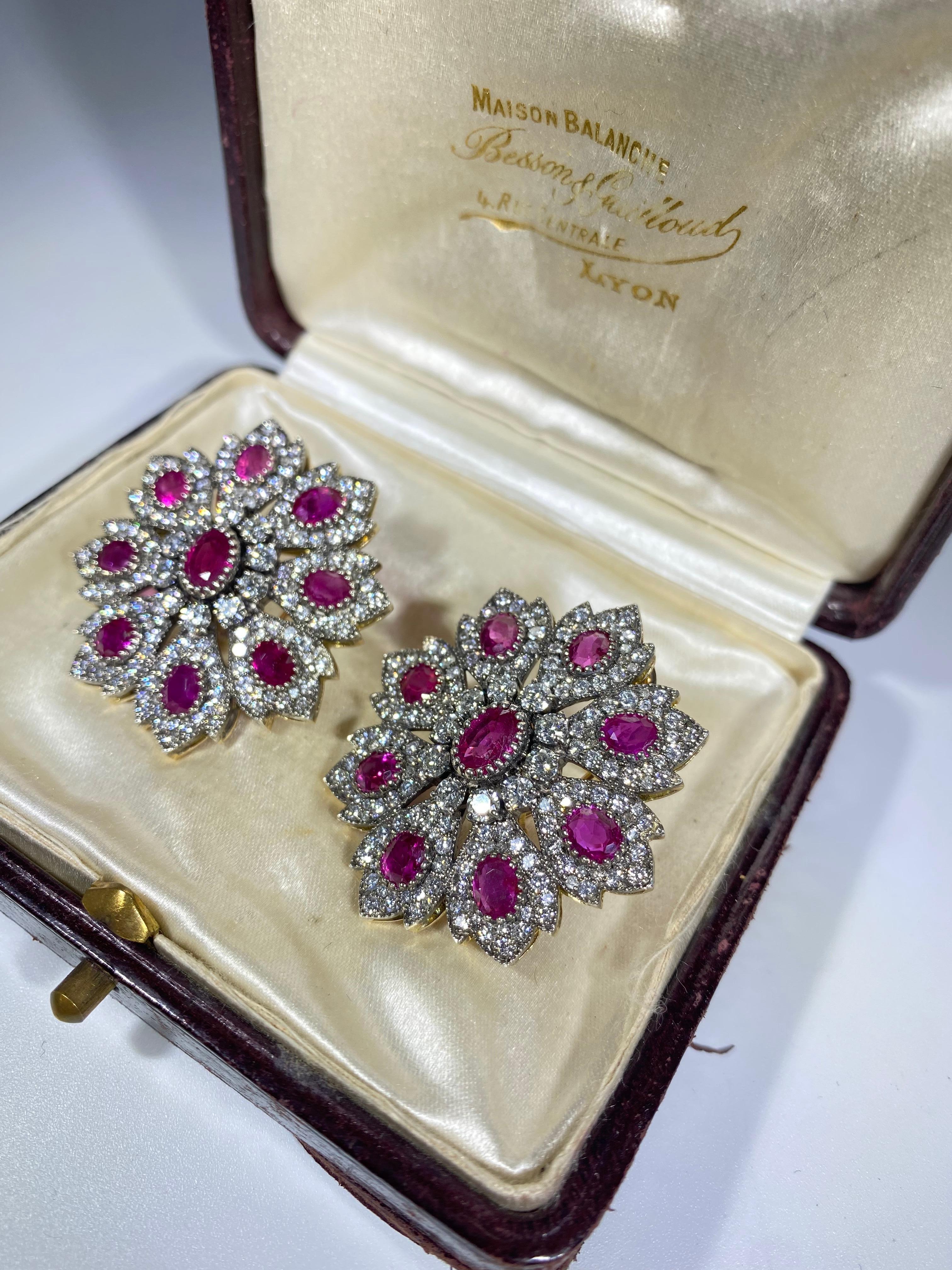 13.80 Carat Ruby and 8.20 Carat Diamond 18K Gold Edwardian Earring For Sale 4