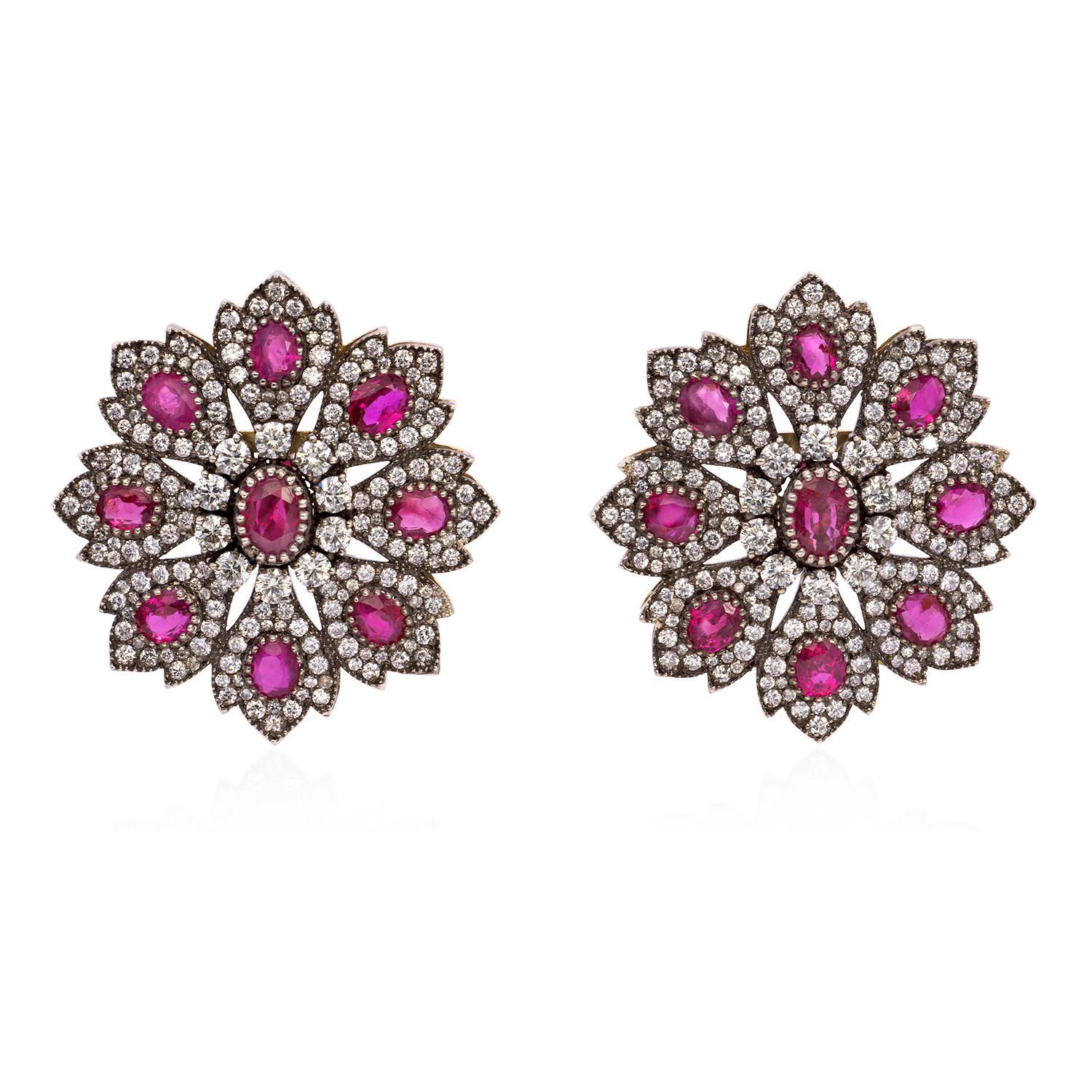 13.80 Carat Ruby and 8.20 Carat Diamond 18K Gold Edwardian Earring For Sale
