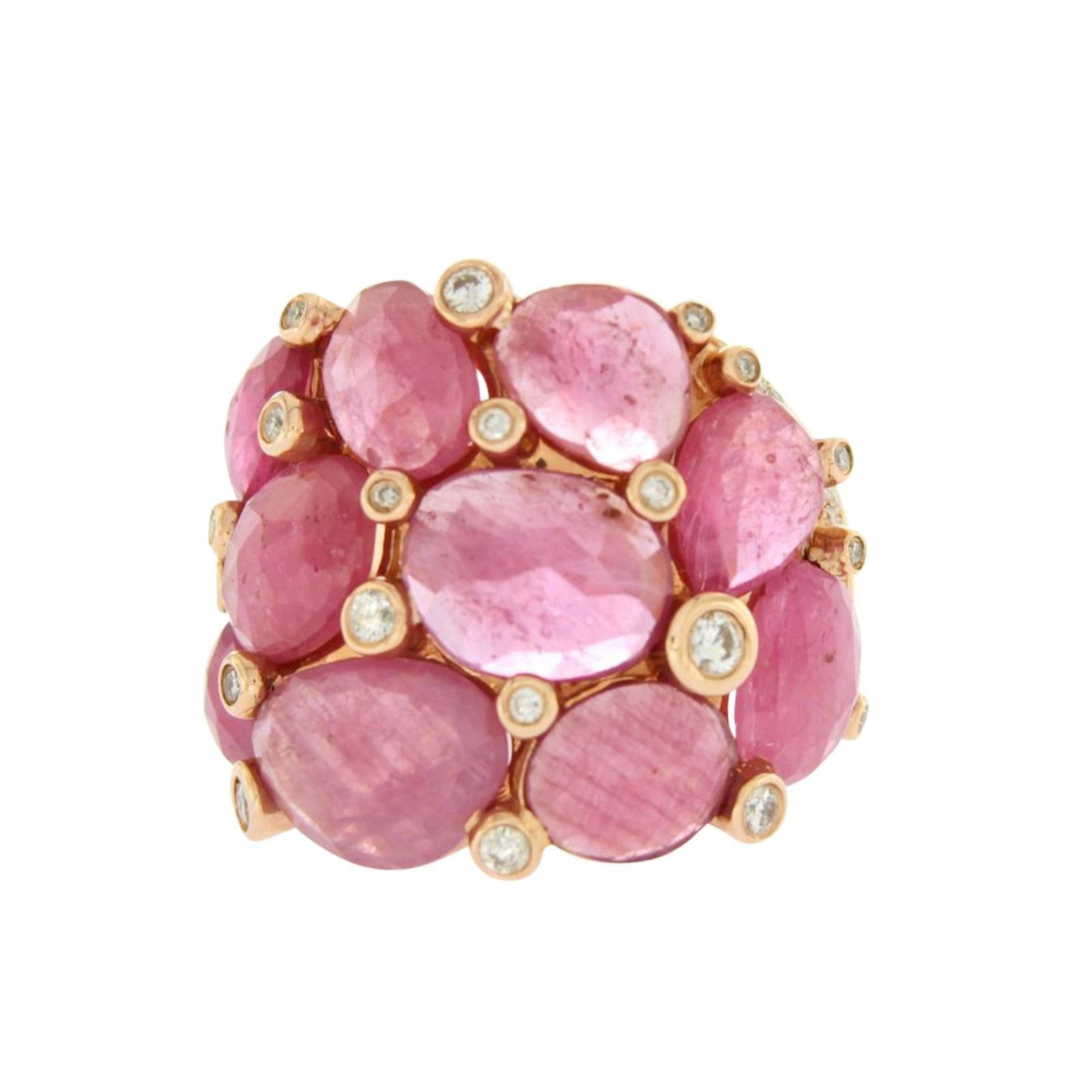 13.80 Ct Sliced Rose Cut Pink Sapphire & Diamonds In 14k Rose Gold Ring For Sale 2