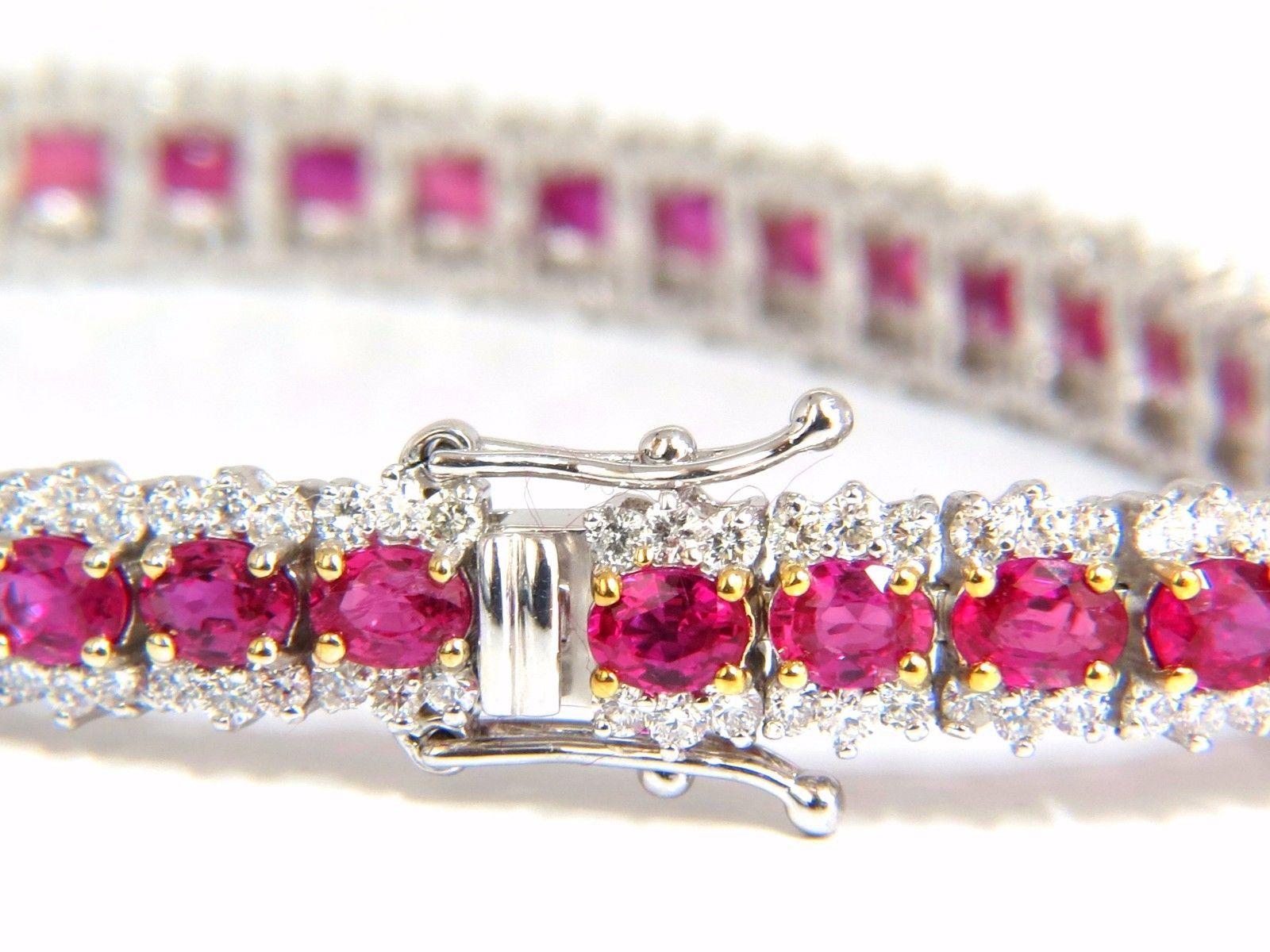 Ruby & Classic Three row Tennis.

10.26ct. Natural ruby bracelet.

oval, full cuts 

Clean clarity

Transparent & Vivid Reds.

Average 3.5 X 3mm each

3.55ct Diamonds

Rounds & full cuts

Vs-2 clarity.

G-color

14kt. white gold 

15