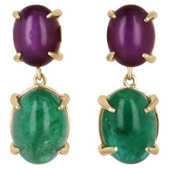 13.82tcw Natural Emerald Cabochon & 6-Ray Star Ruby Dangle Earrings Gold 18K