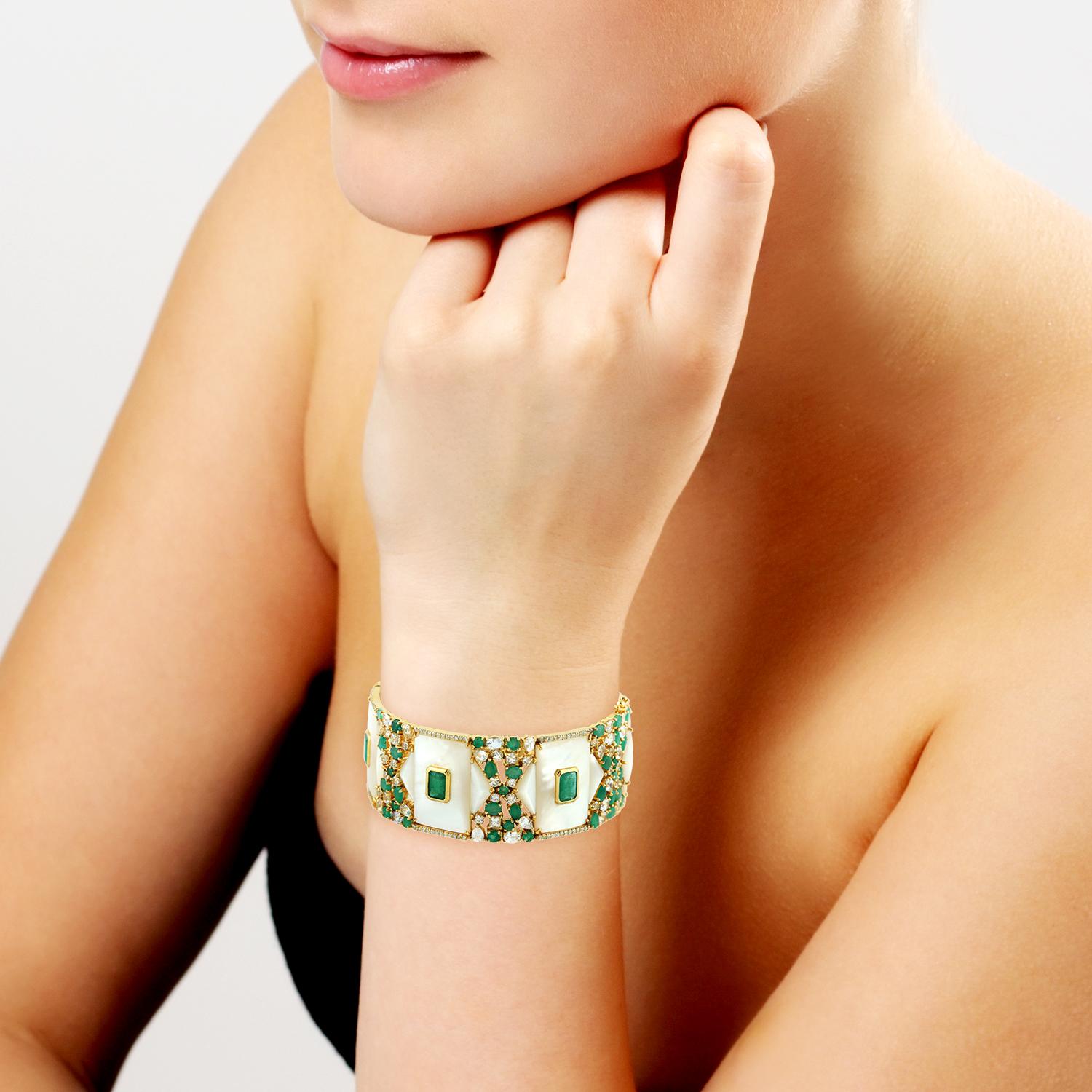 Cast from 18K gold and sterling silver. This beautiful bracelet is filled with 13.83 carats emerald, 57.75 carats mother of pearl and .91 carats diamond. Clasp closure.

FOLLOW  MEGHNA JEWELS storefront to view the latest collection & exclusive