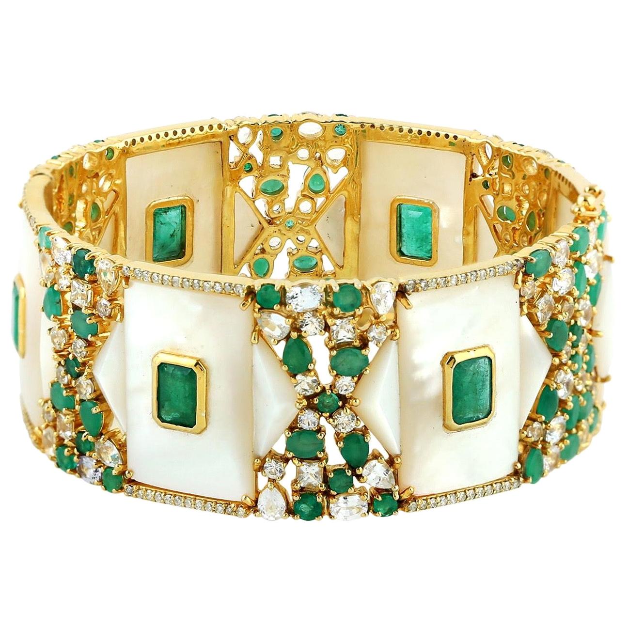 13.83 Carat Emerald Mother of Pearl Diamond Bangle Bracelet