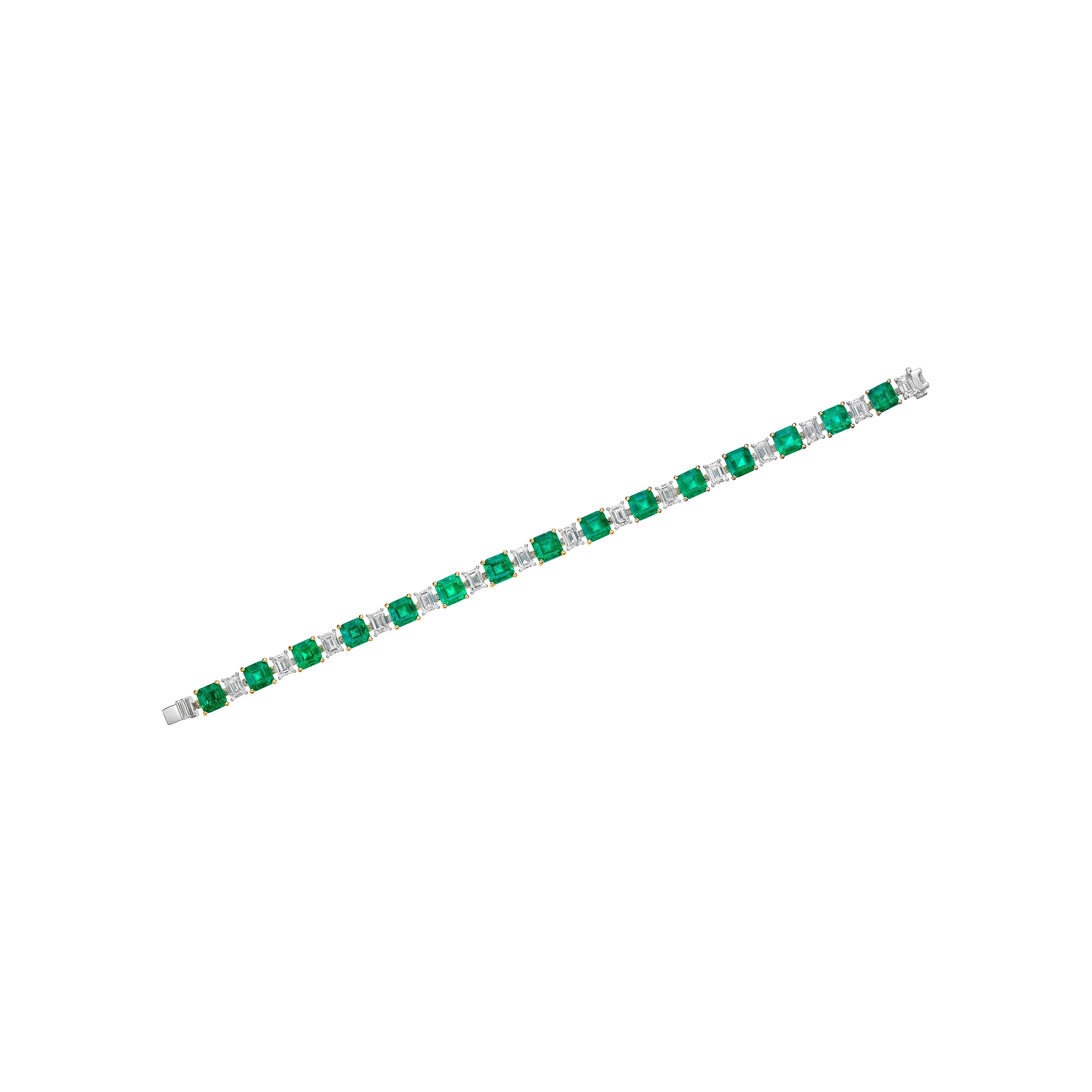 13,84 Karat Smaragd-Tennisarmband aus 18 Karat Weiß-Gelbgold mit Diamanten (Zeitgenössisch) im Angebot