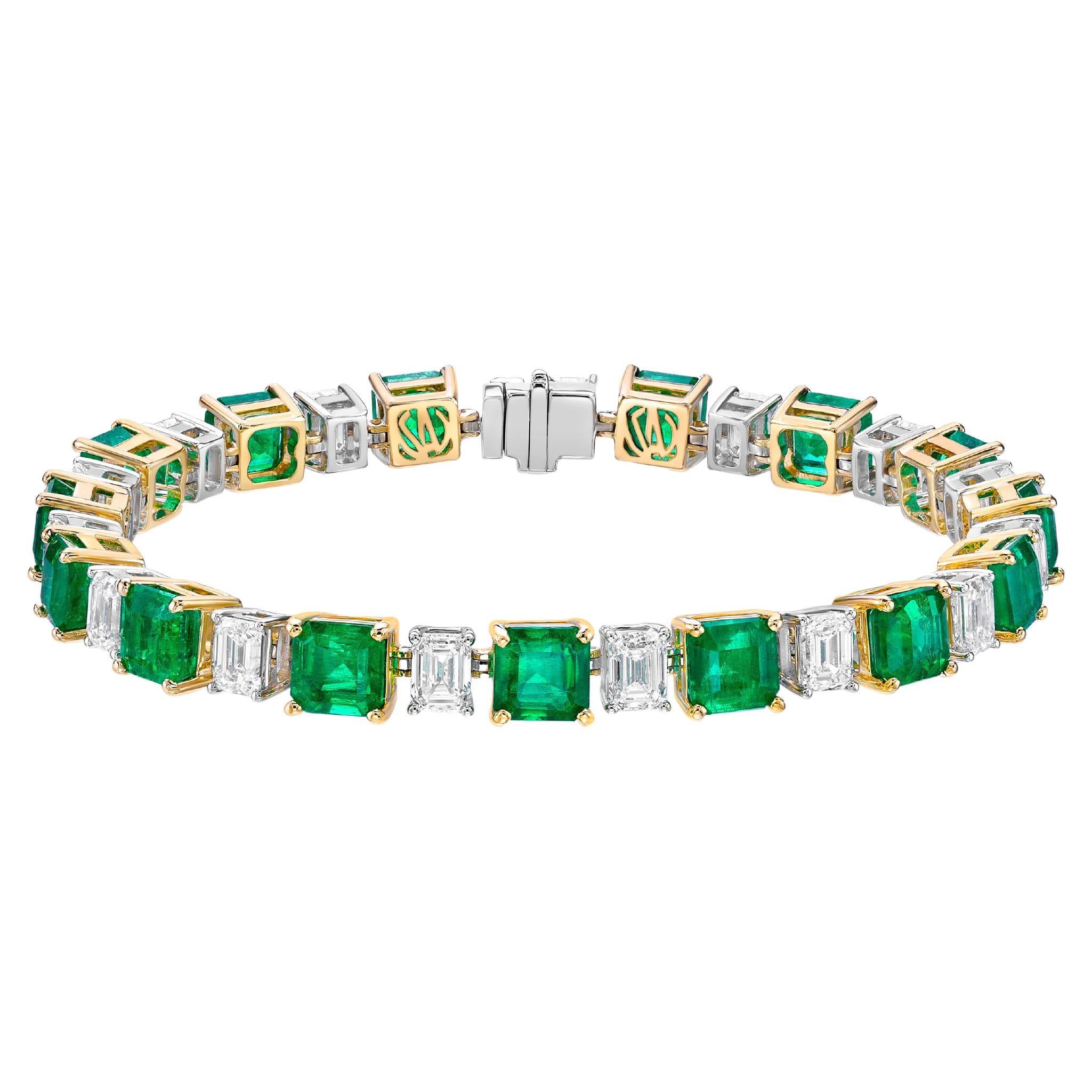 13.84 Carat Emerald Tennis Bracelet in 18 Karat White Yellow Gold with Diamond For Sale