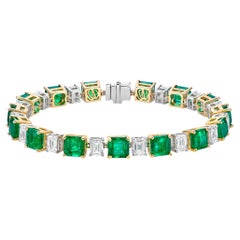 13.84 Carat Emerald Tennis Bracelet in 18 Karat White Yellow Gold with Diamond