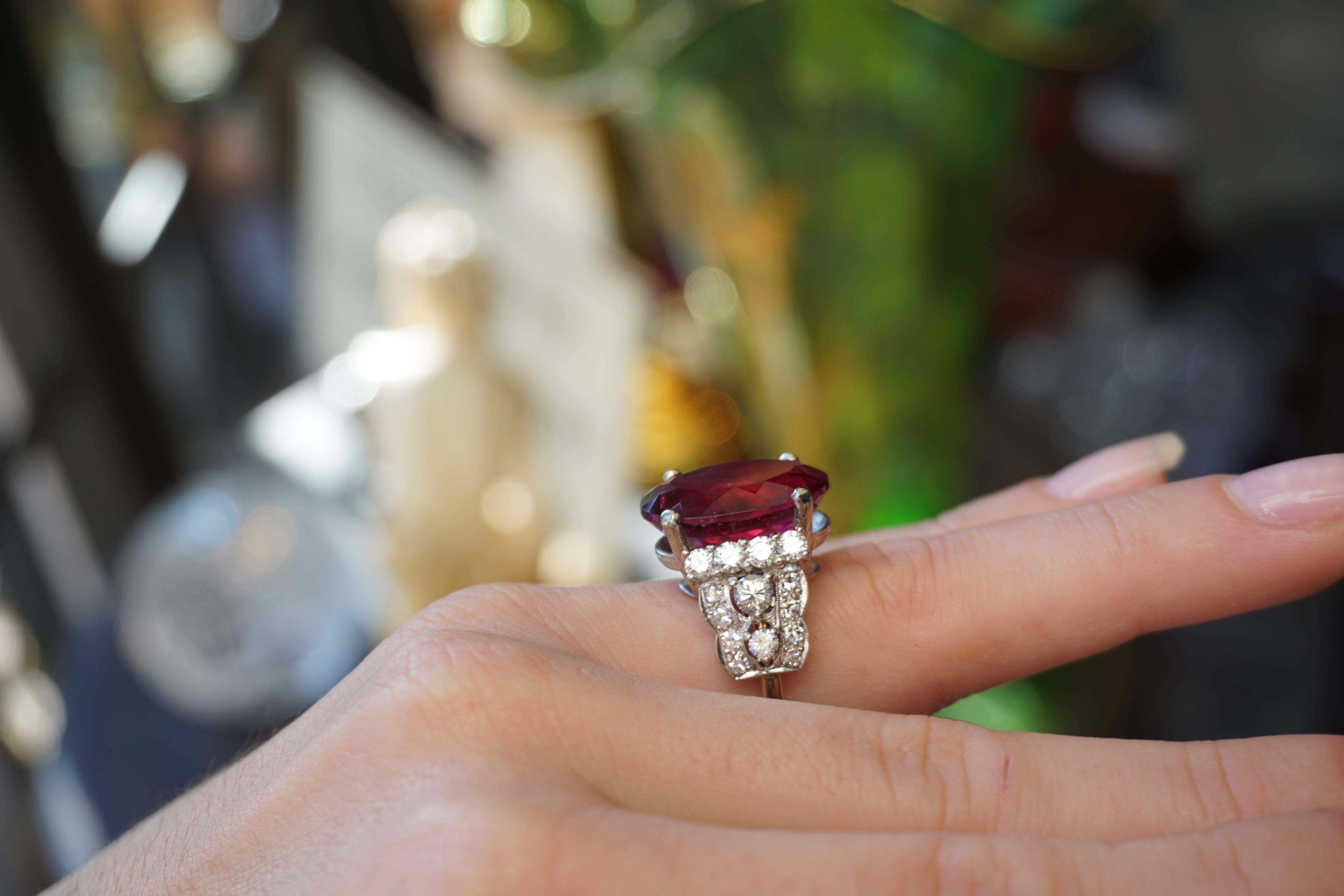 13.84 Carat GIA Rubellite and Deco Diamond Ring For Sale 5