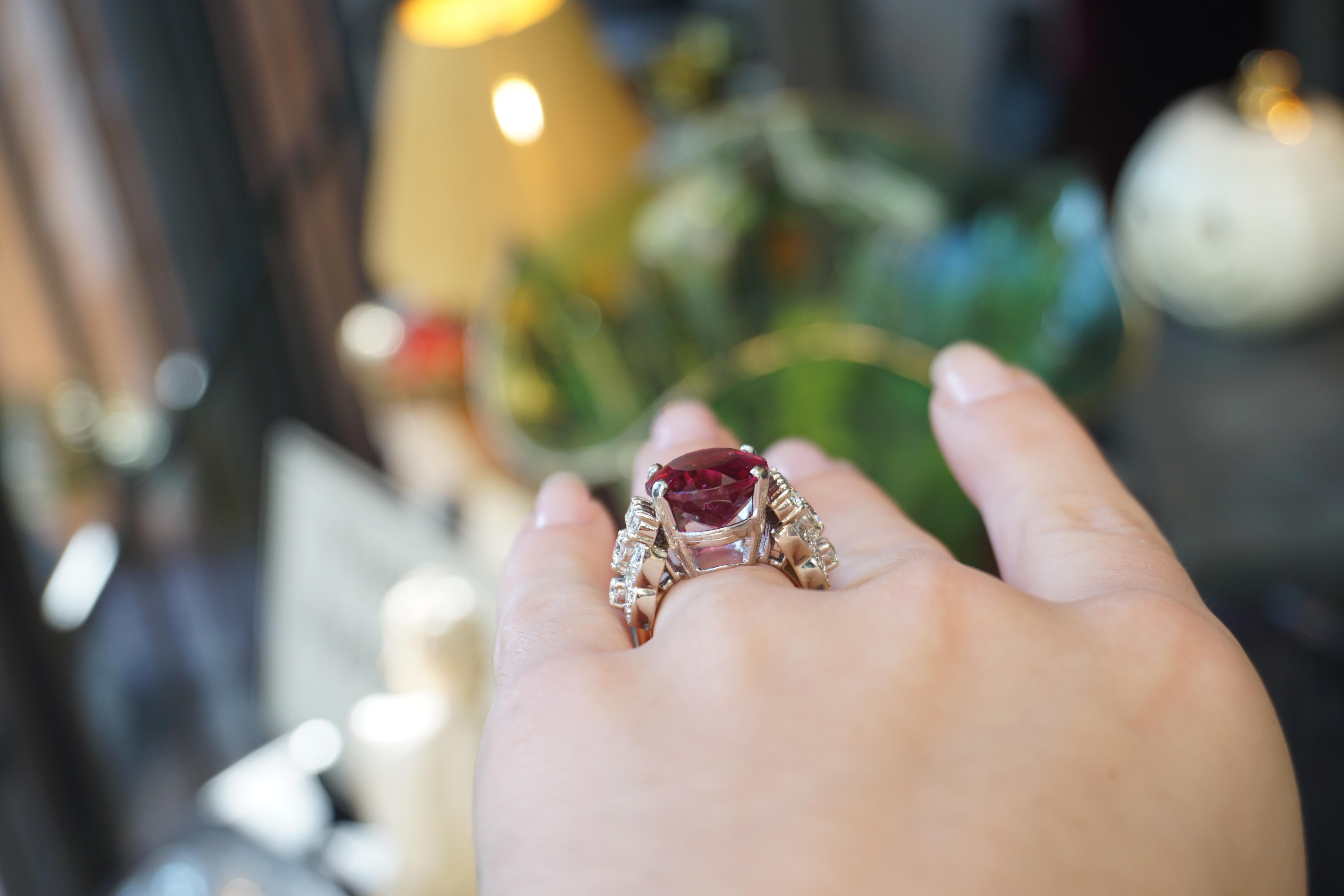 13.84 Carat GIA Rubellite and Deco Diamond Ring For Sale 6