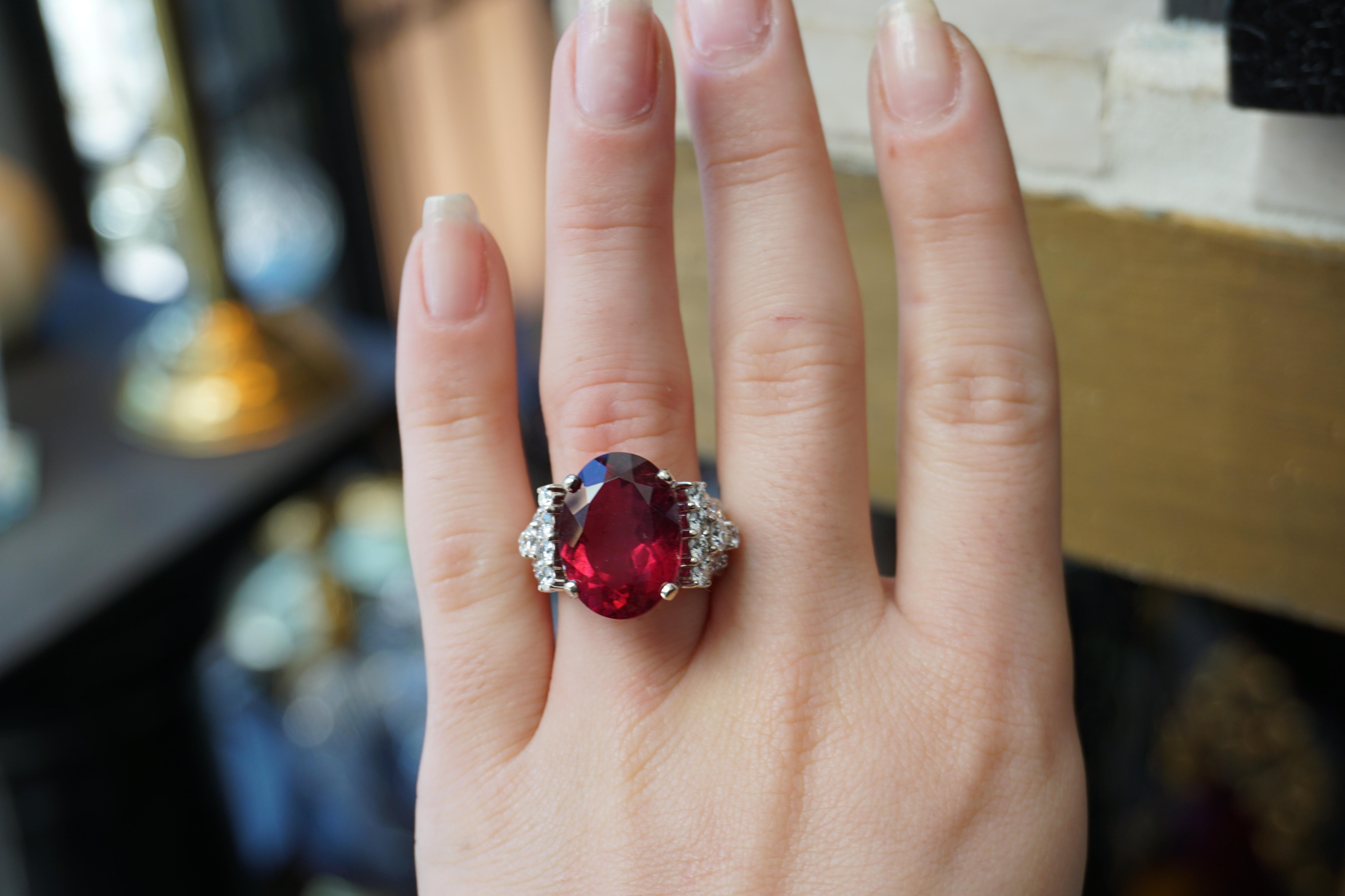 Women's 13.84 Carat GIA Rubellite and Deco Diamond Ring For Sale