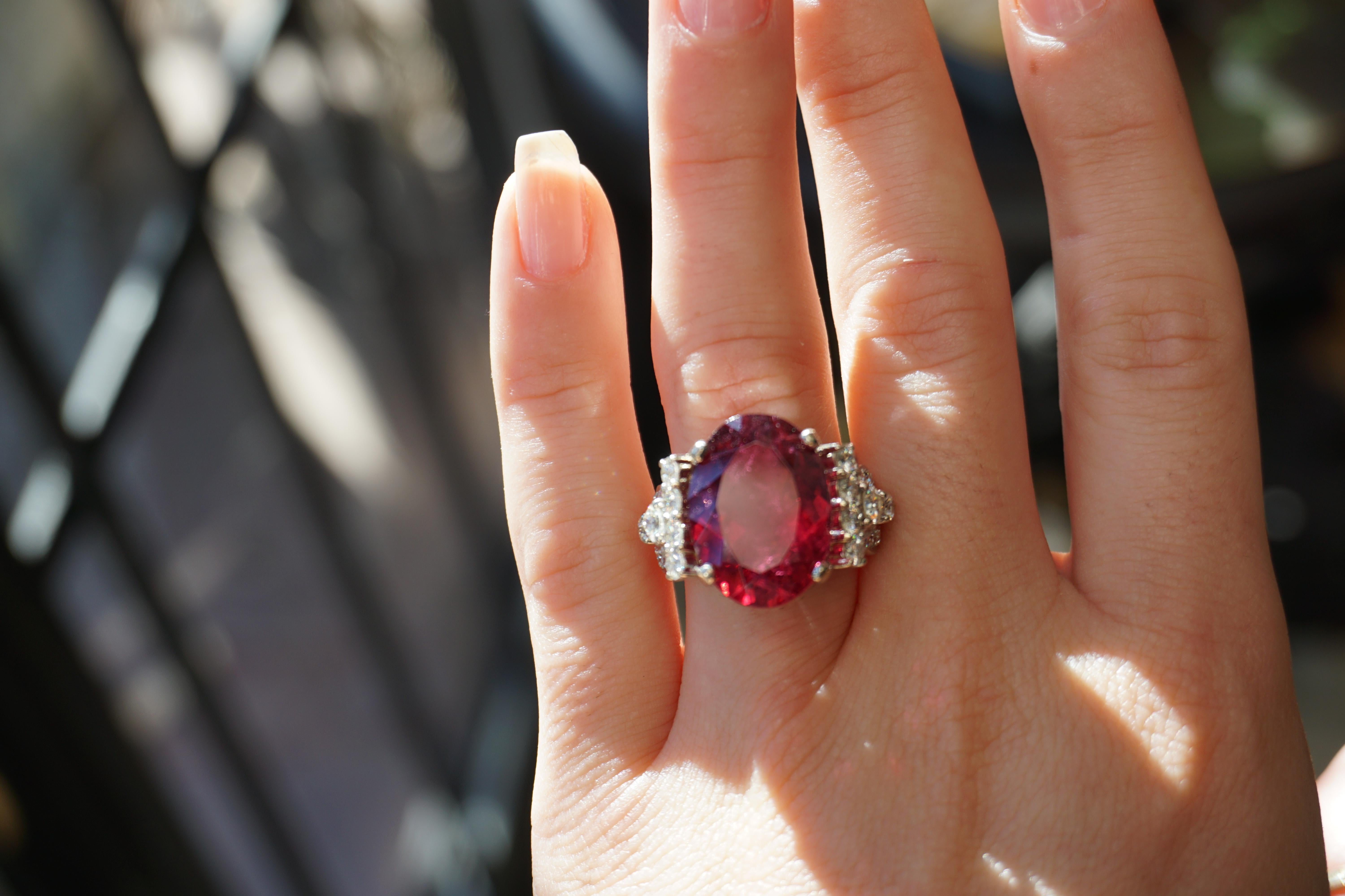 13.84 Carat GIA Rubellite and Deco Diamond Ring For Sale 1