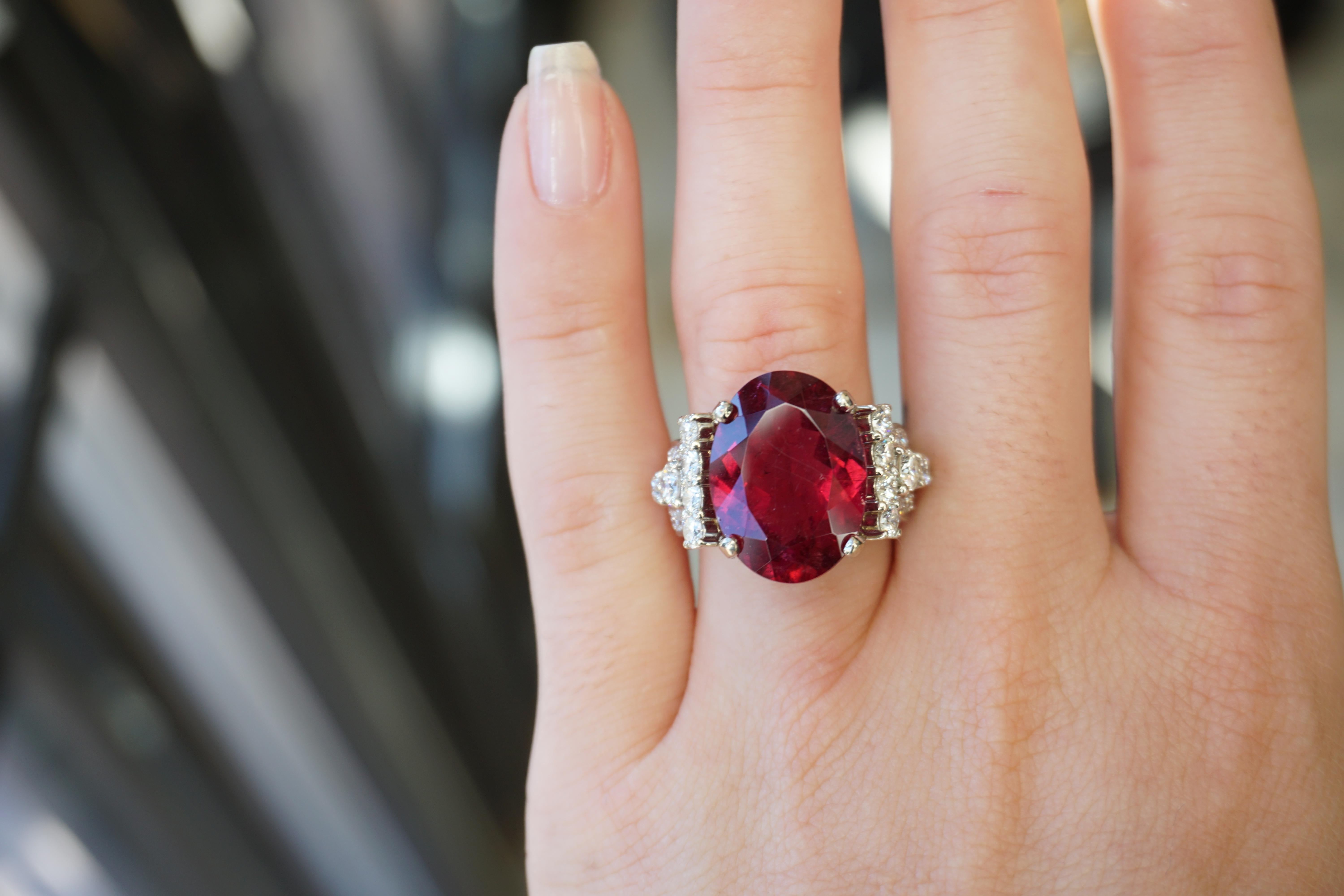 13.84 Carat GIA Rubellite and Deco Diamond Ring For Sale 2