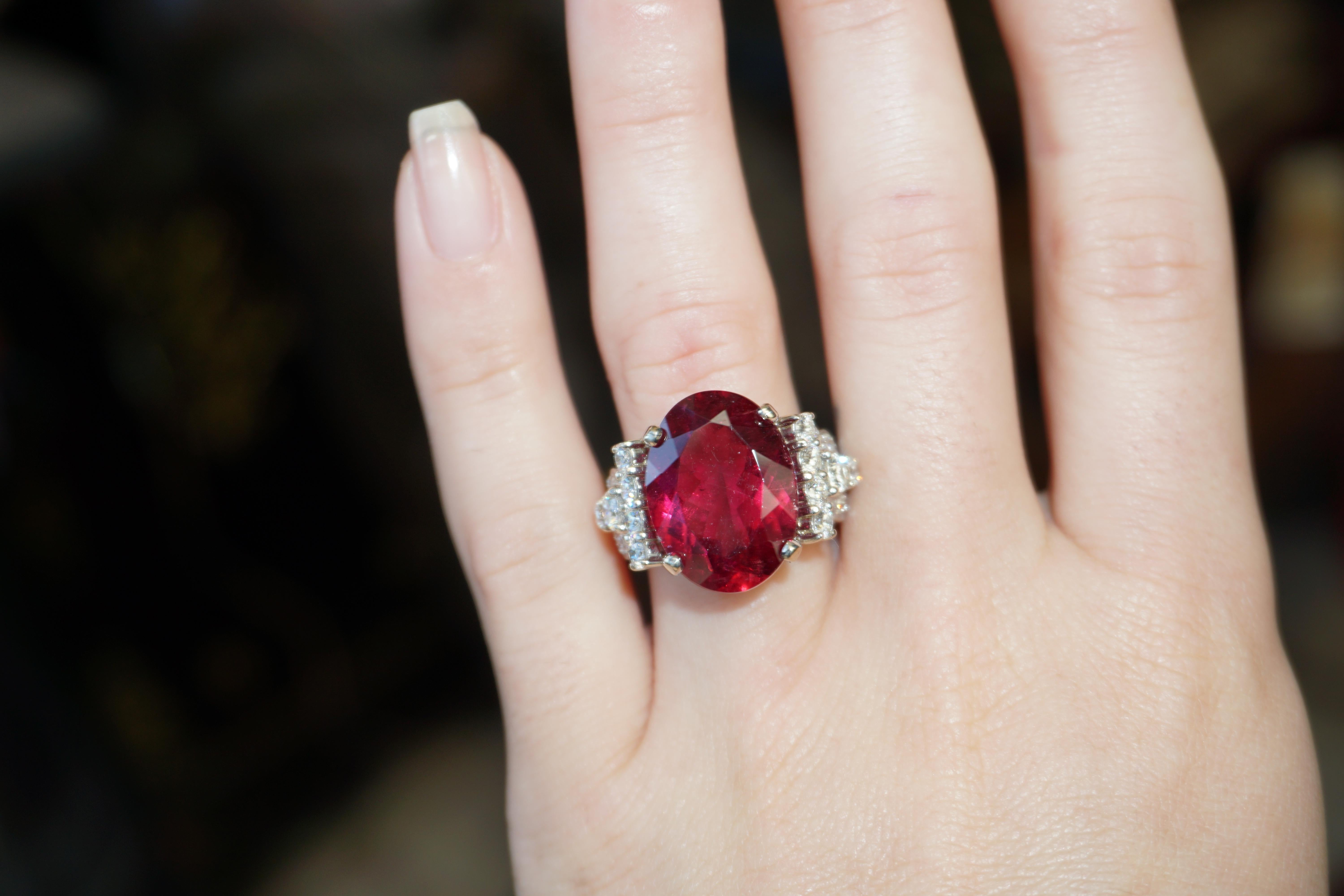 13.84 Carat GIA Rubellite and Deco Diamond Ring For Sale 3