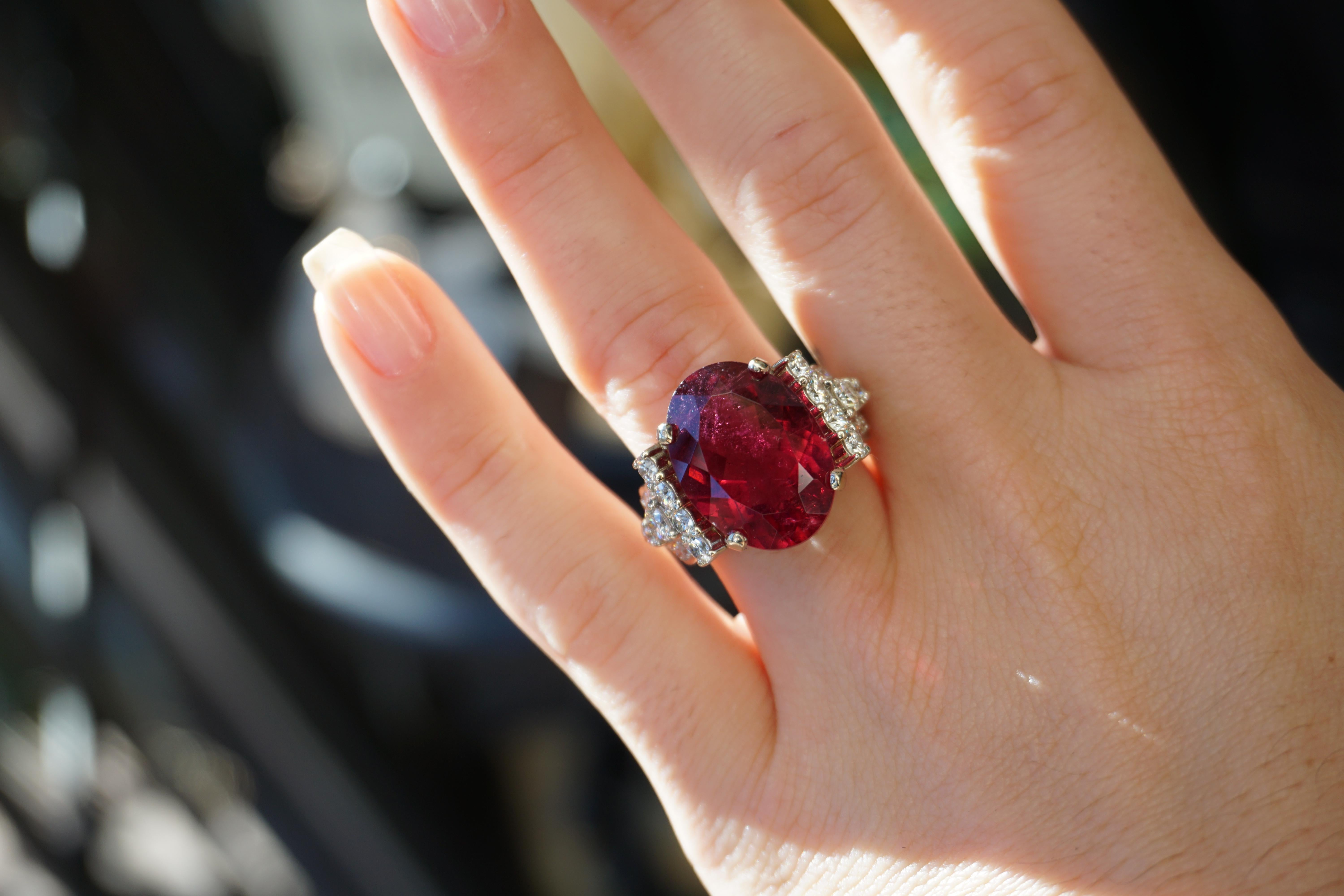 13.84 Carat GIA Rubellite and Deco Diamond Ring For Sale 4