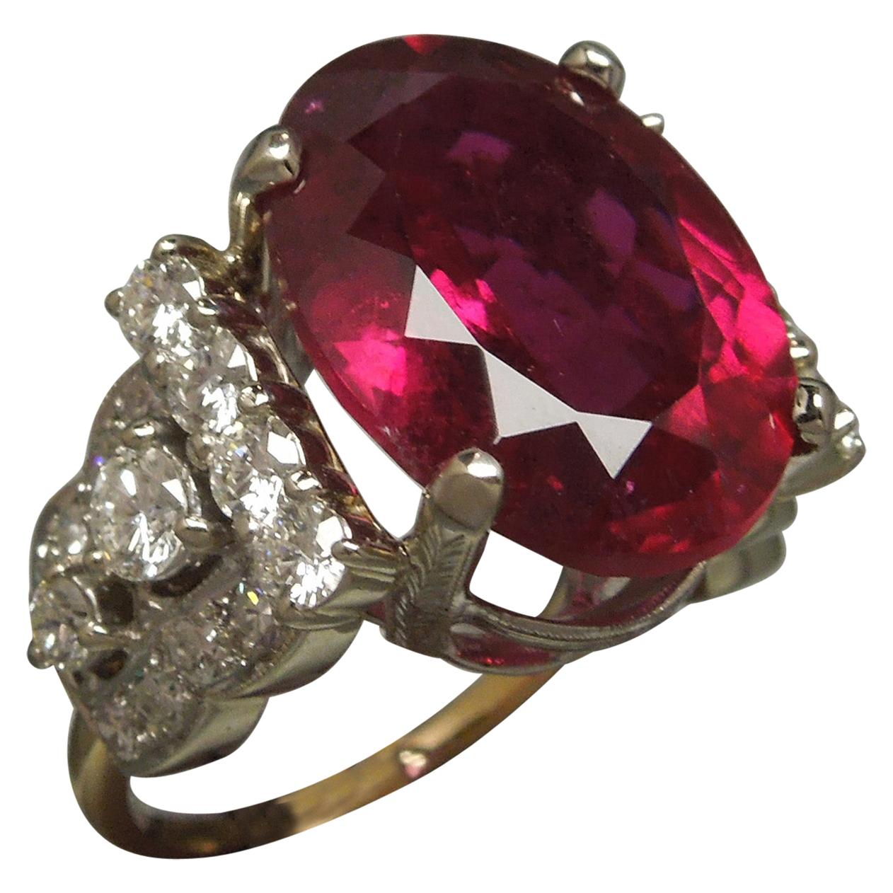 13.84 Carat GIA Rubellite and Deco Diamond Ring For Sale