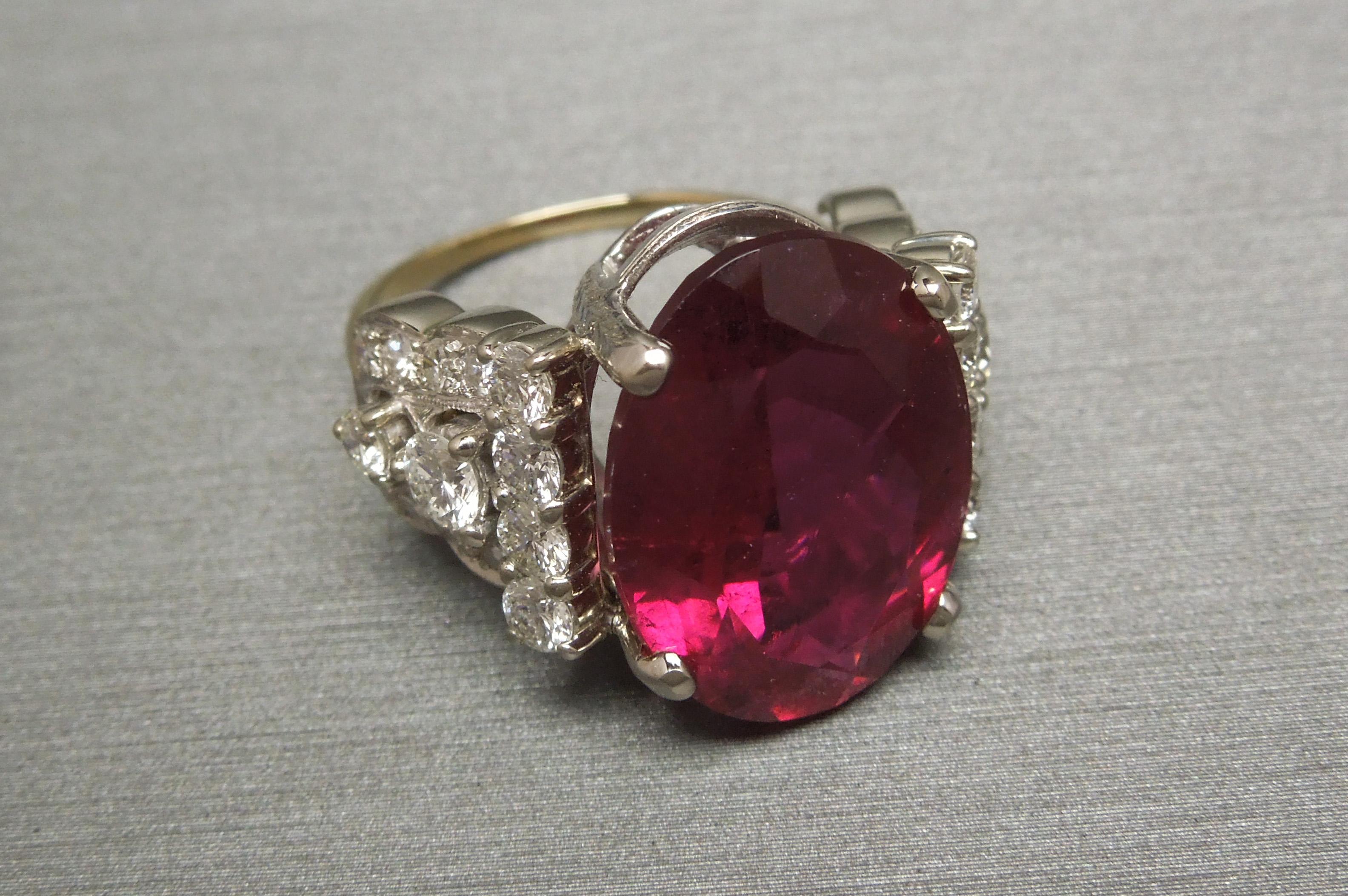 13.84 Carat GIA Rubellite and Deco Diamond Ring For Sale 7