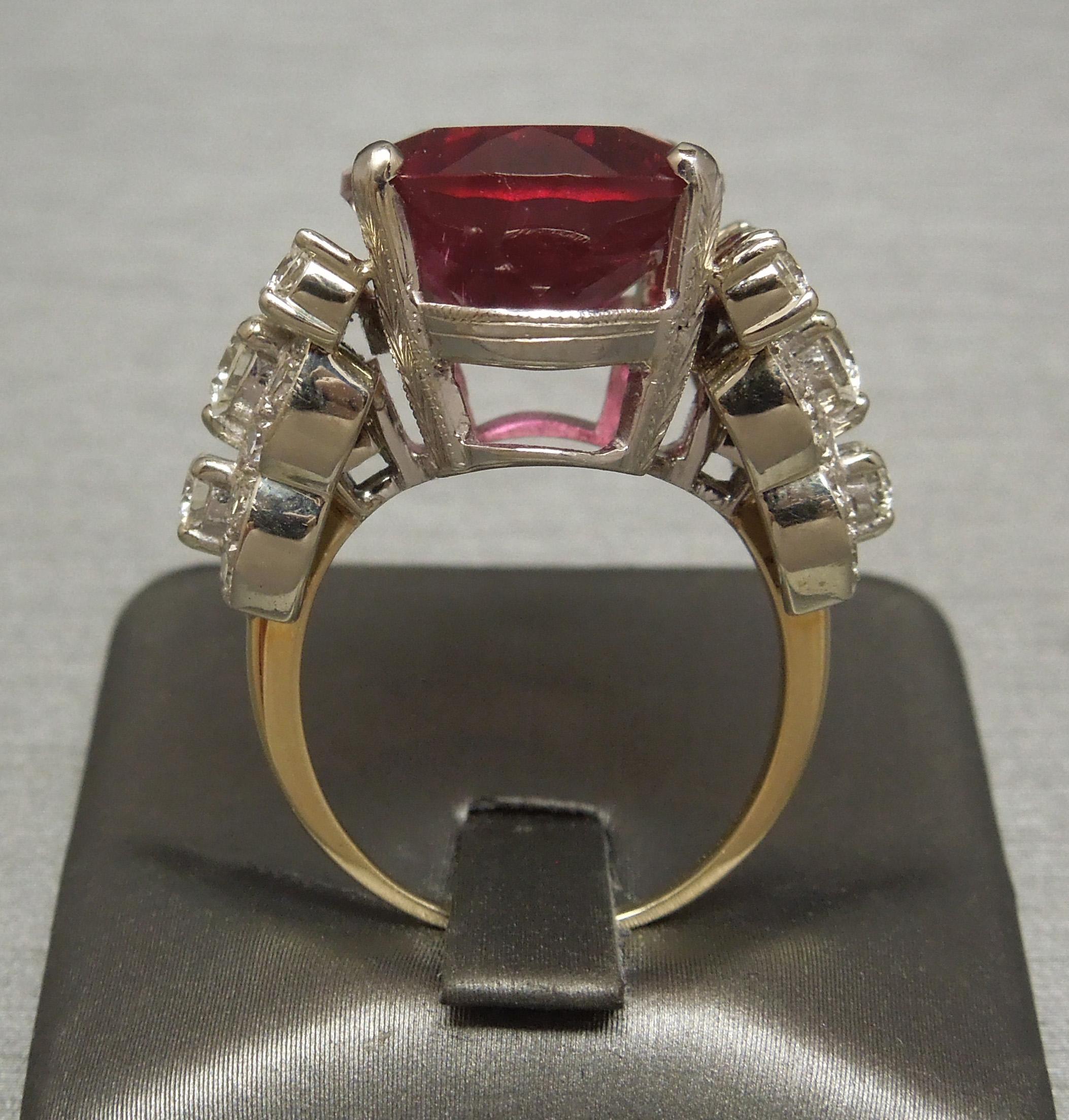 13.84 Carat GIA Rubellite and Deco Diamond Ring For Sale 8
