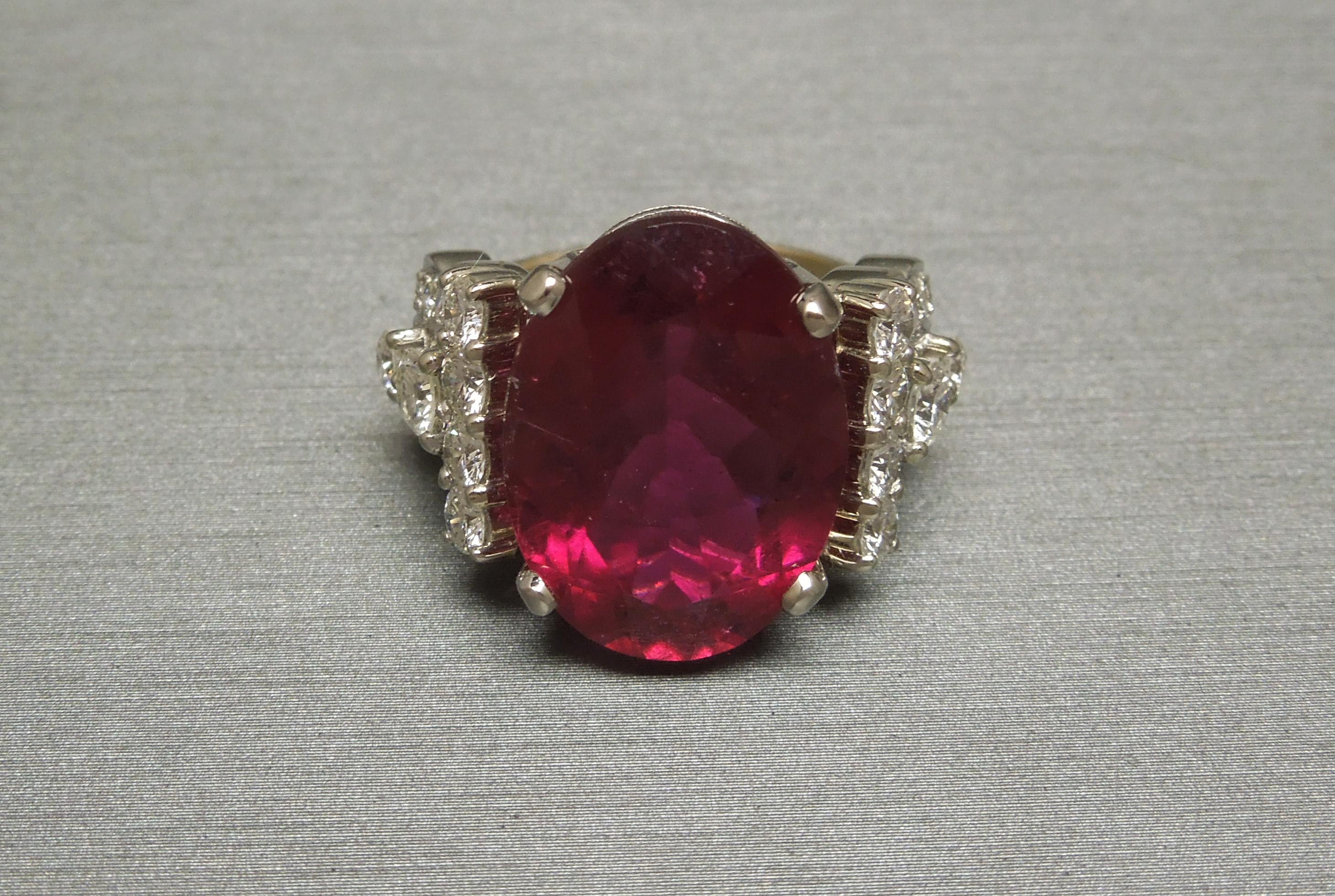 13.84 Carat GIA Rubellite and Deco Diamond Ring For Sale 10