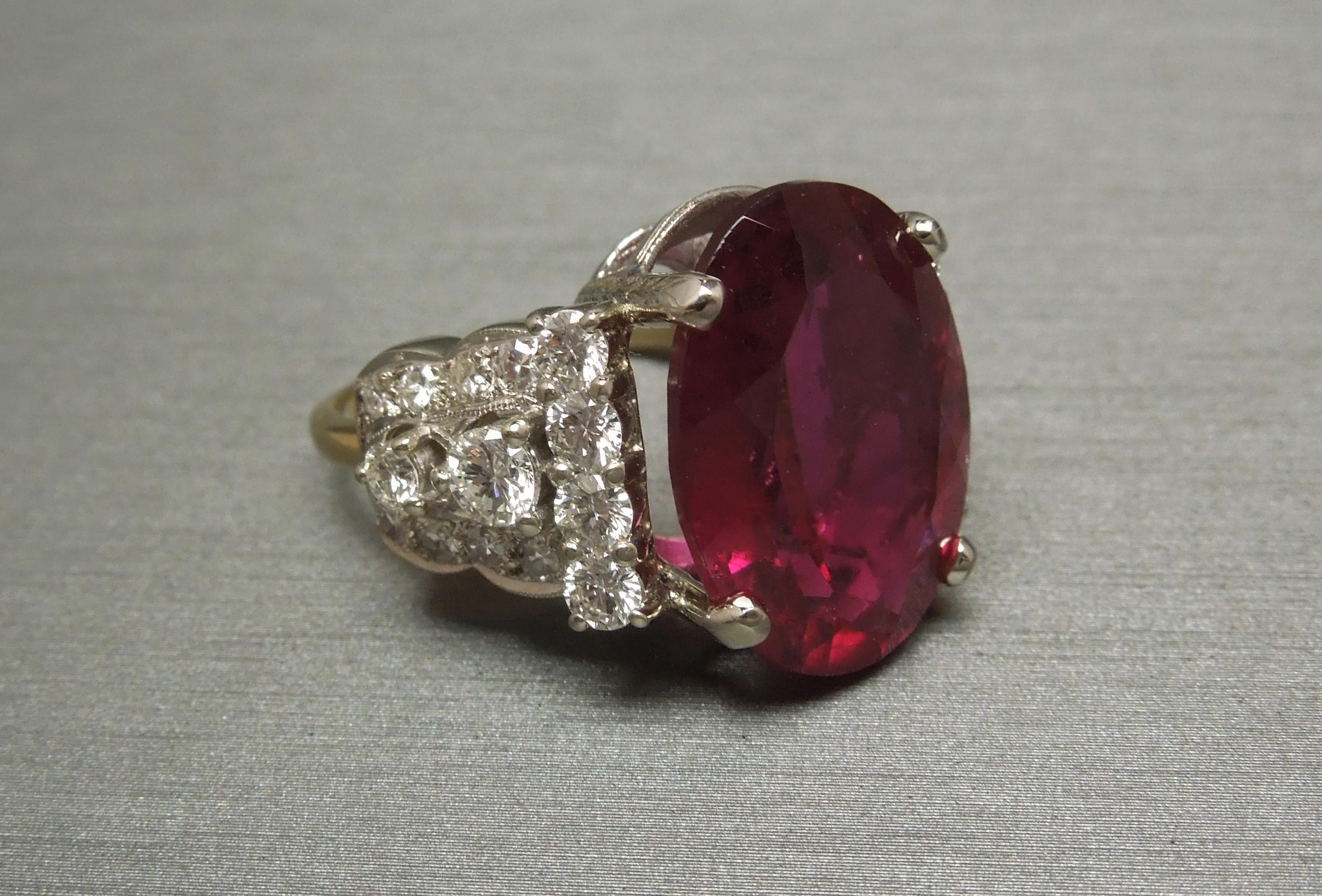 13.84 Carat GIA Rubellite and Deco Diamond Ring For Sale 11