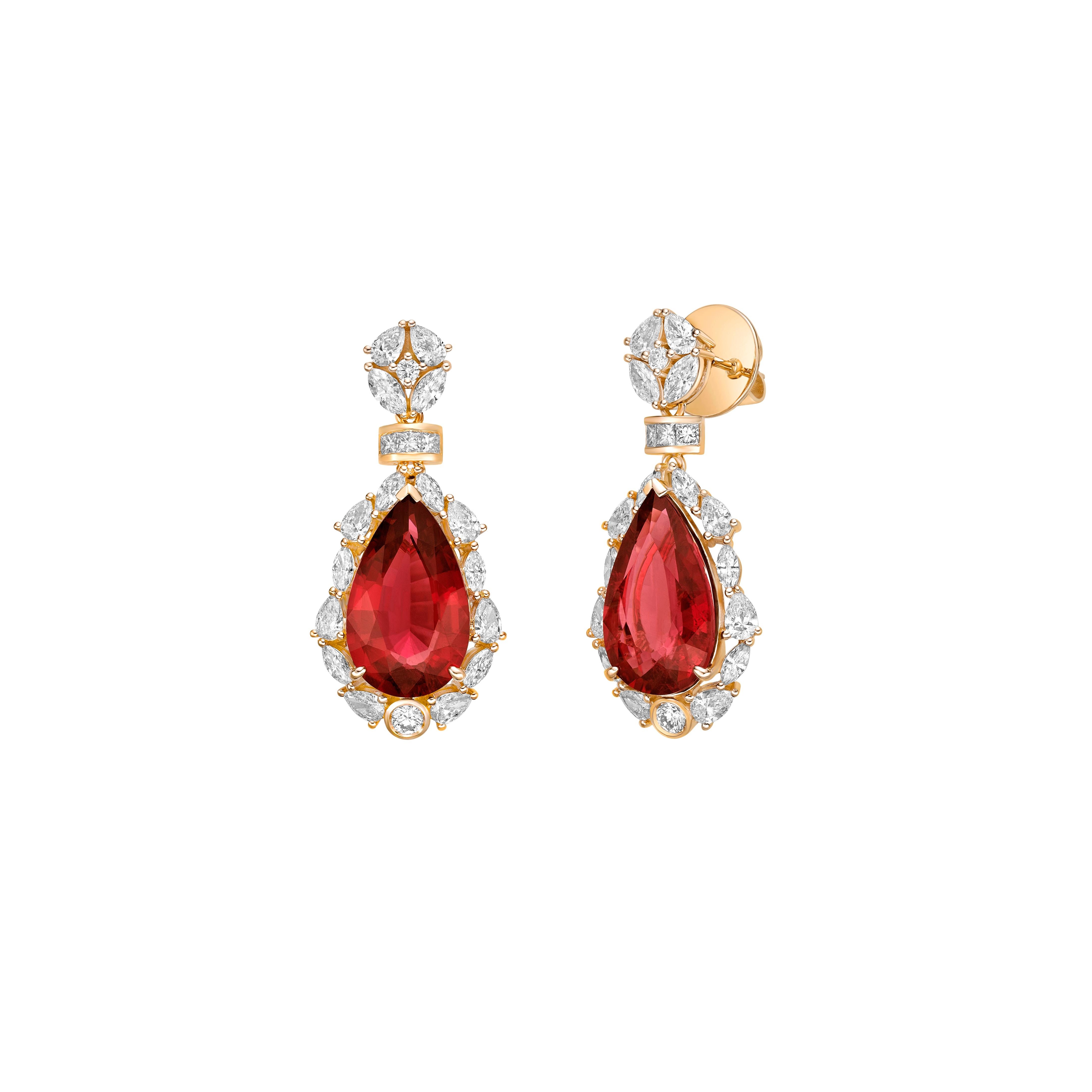 Pear Cut 13.842 Carat Rubellite Drop Earrings in 18Karat Yellow Gold with White Diamond. For Sale