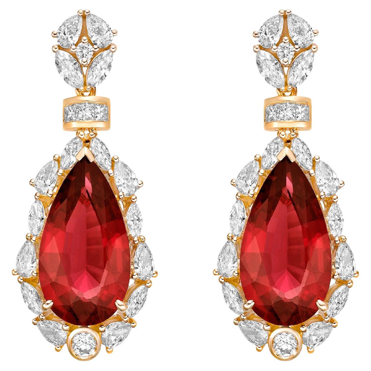 13.842 Carat Rubellite Drop Earrings in 18Karat Yellow Gold with White Diamond. For Sale