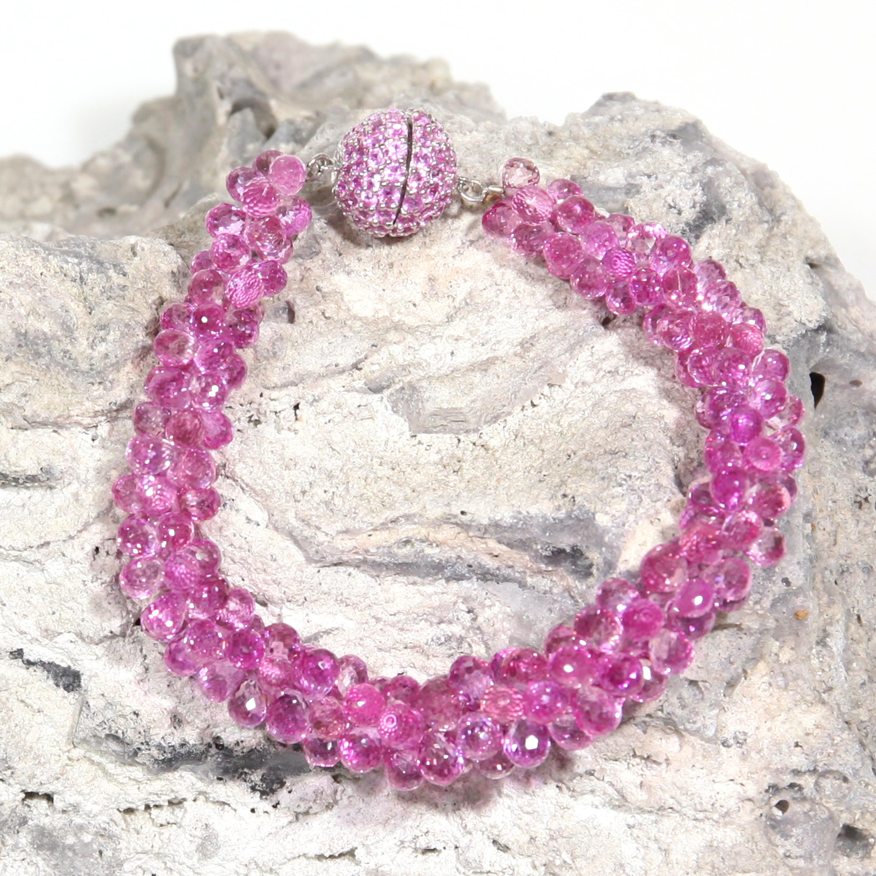 138.51 Carat Pink Sapphire Briolette 18 Karat White Gold Beaded Bracelet In New Condition For Sale In Bangkok, TH