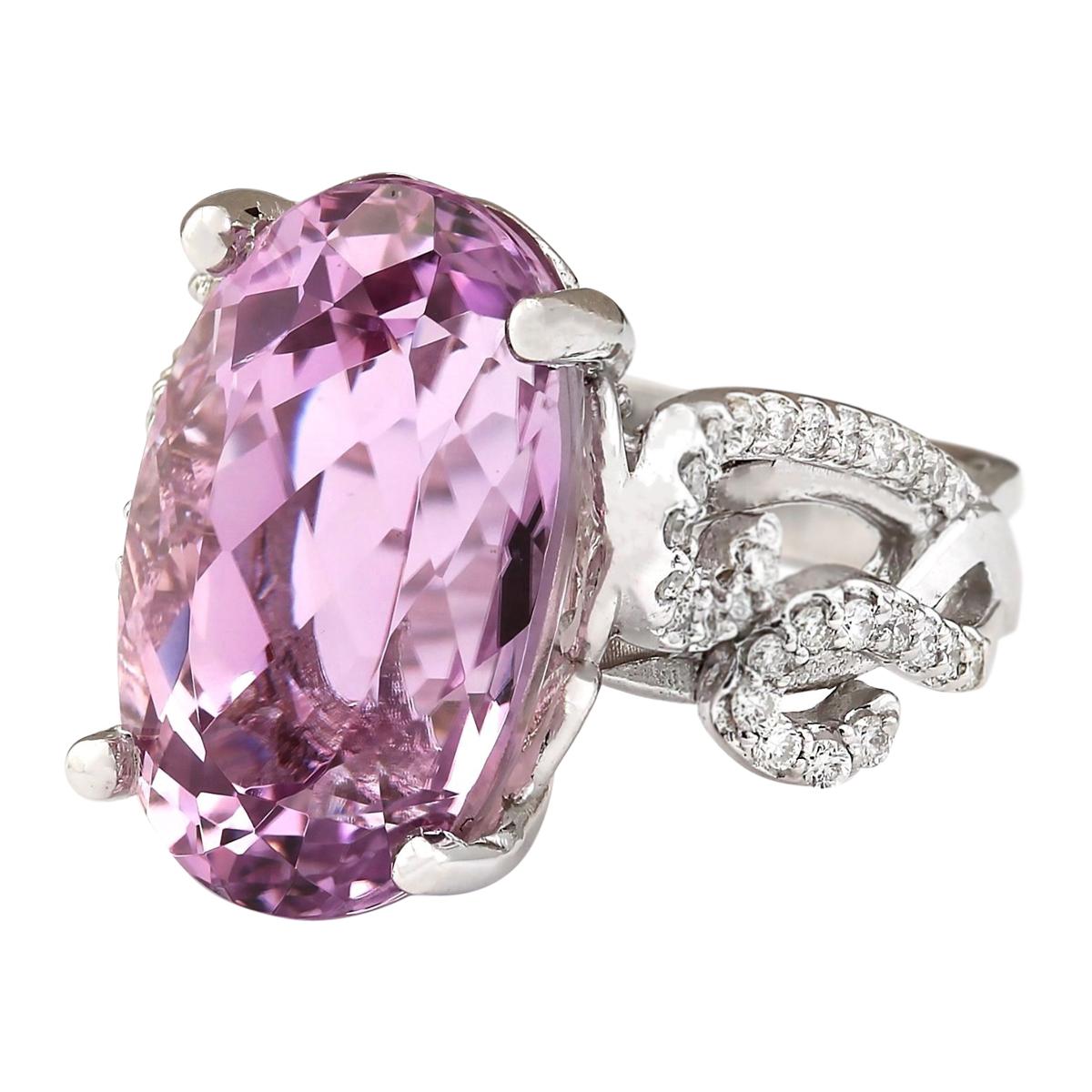 Stamped: 14K White Gold
Total Ring Weight: 10.0 Grams
Total Natural Kunzite Weight is 13.36 Carat (Measures: 16.00x12.00 mm)
Color: Pink
Total Natural Diamond Weight is 0.50 Carat
Color: F-G, Clarity: VS2-SI1
Face Measures: 17.65x10.90 mm
Sku: