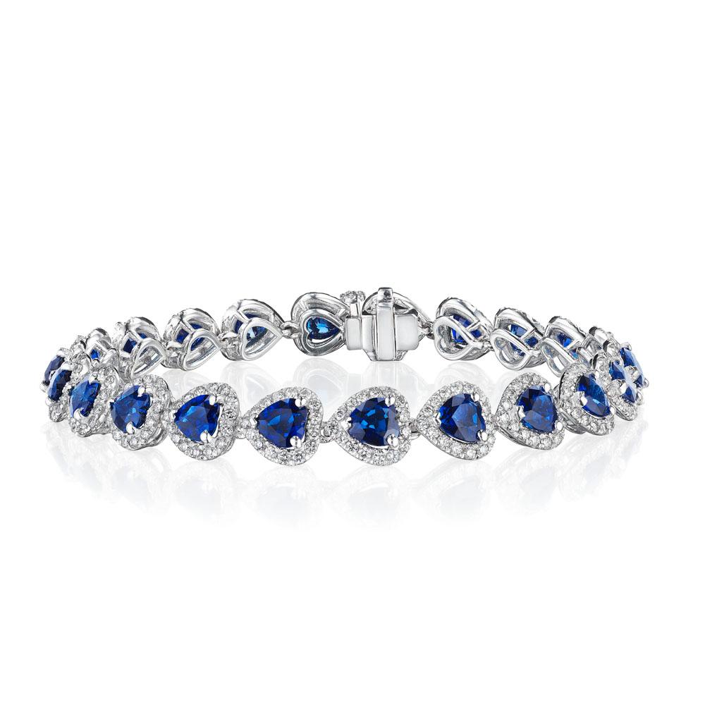 Heart Cut 13.86ct Heart Shape Sapphire & Diamond Halo Bracelet in 18KT White Gold For Sale