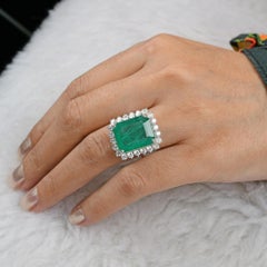 13.87 TCW Natural Zambian Emerald Diamond Halo Cocktail Ring 14k White Gold