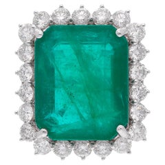 13,87 TCW natürlichen sambischen Smaragd Diamant Halo Cocktail Ring 18k Weißgold