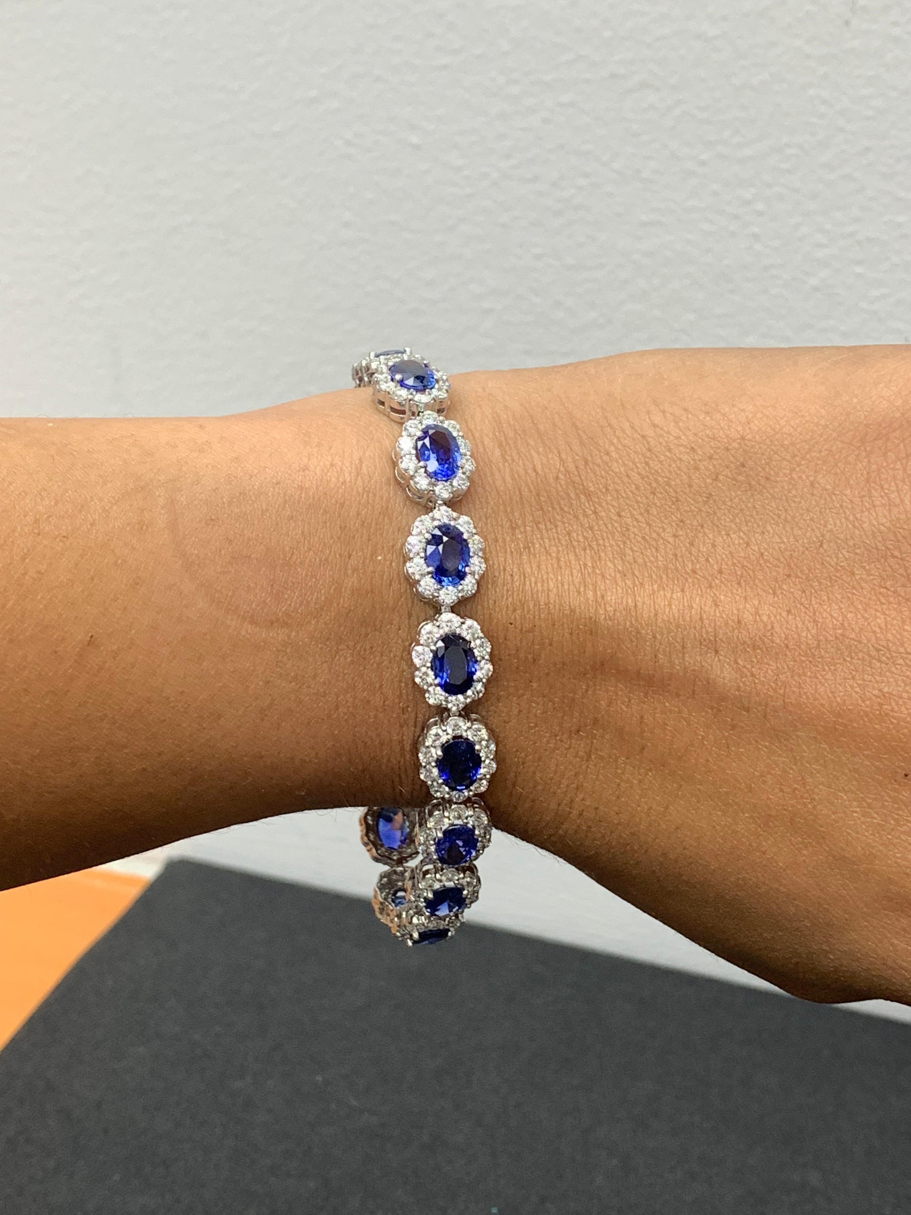 13.88 Carat Oval Cut Blue Sapphire and Diamond Halo Bracelet in 14K White Gold For Sale 5