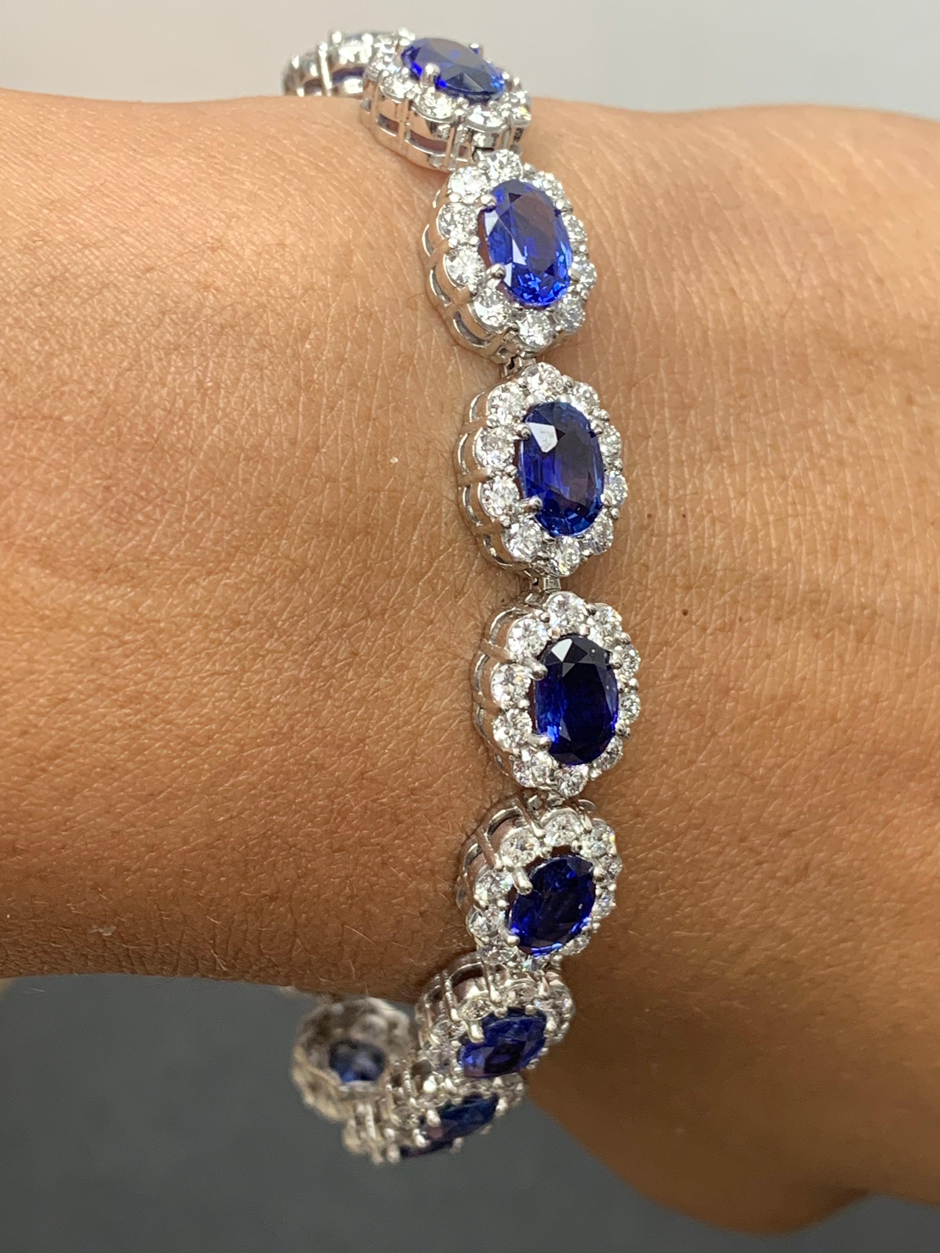 Women's 13.88 Carat Oval Cut Blue Sapphire and Diamond Halo Bracelet in 14K White Gold For Sale