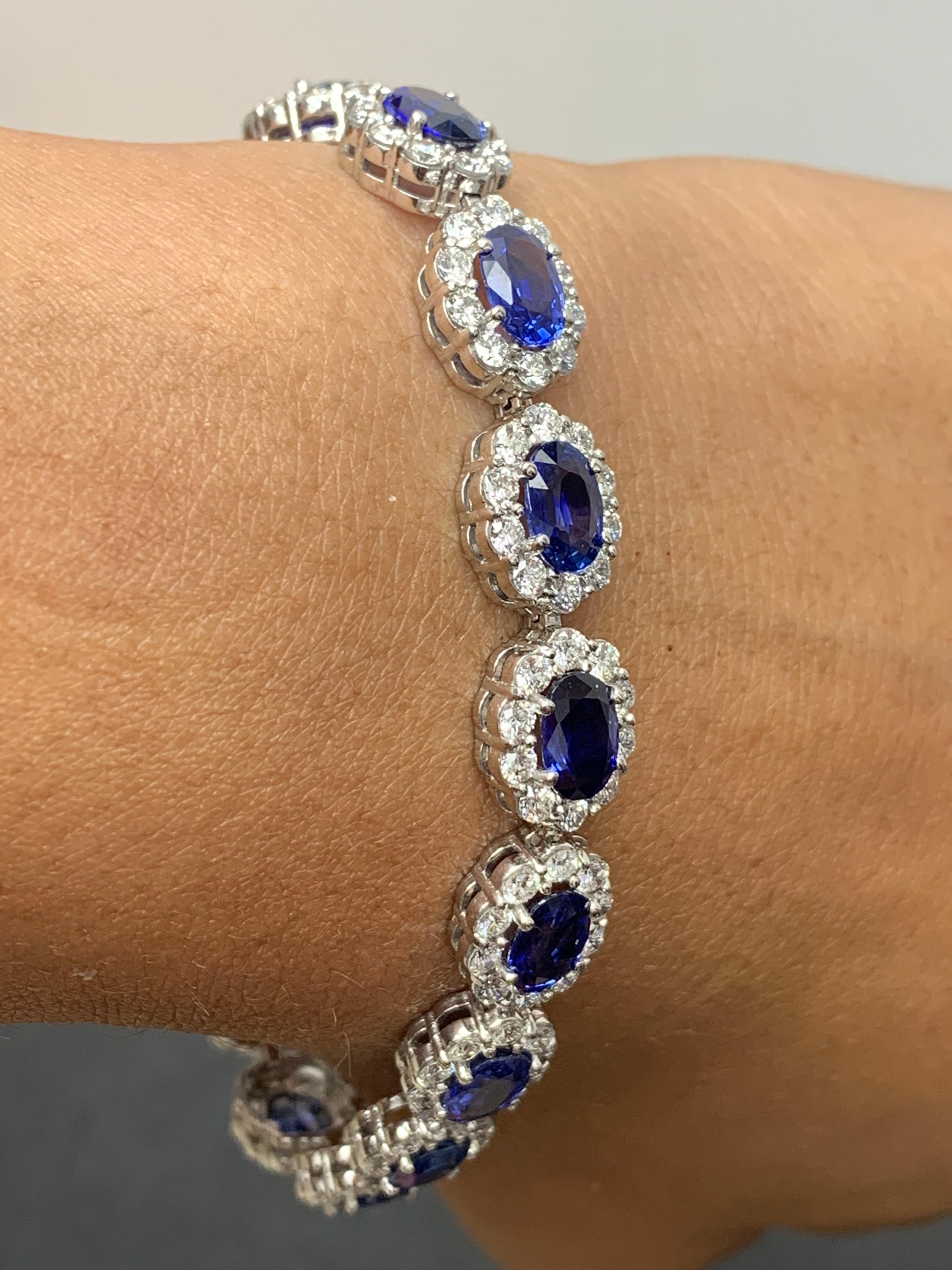 13.88 Carat Oval Cut Blue Sapphire and Diamond Halo Bracelet in 14K White Gold For Sale 1