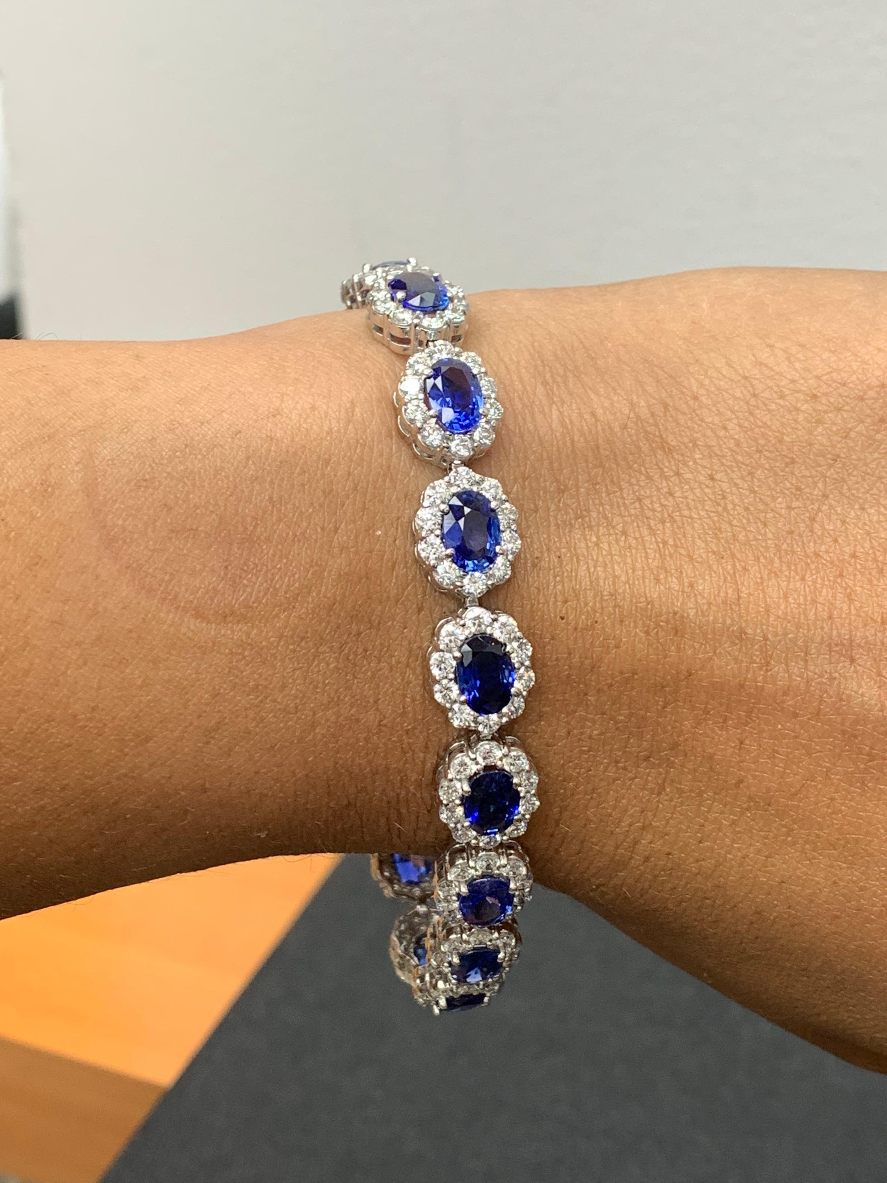 13.88 Carat Oval Cut Blue Sapphire and Diamond Halo Bracelet in 14K White Gold For Sale 2