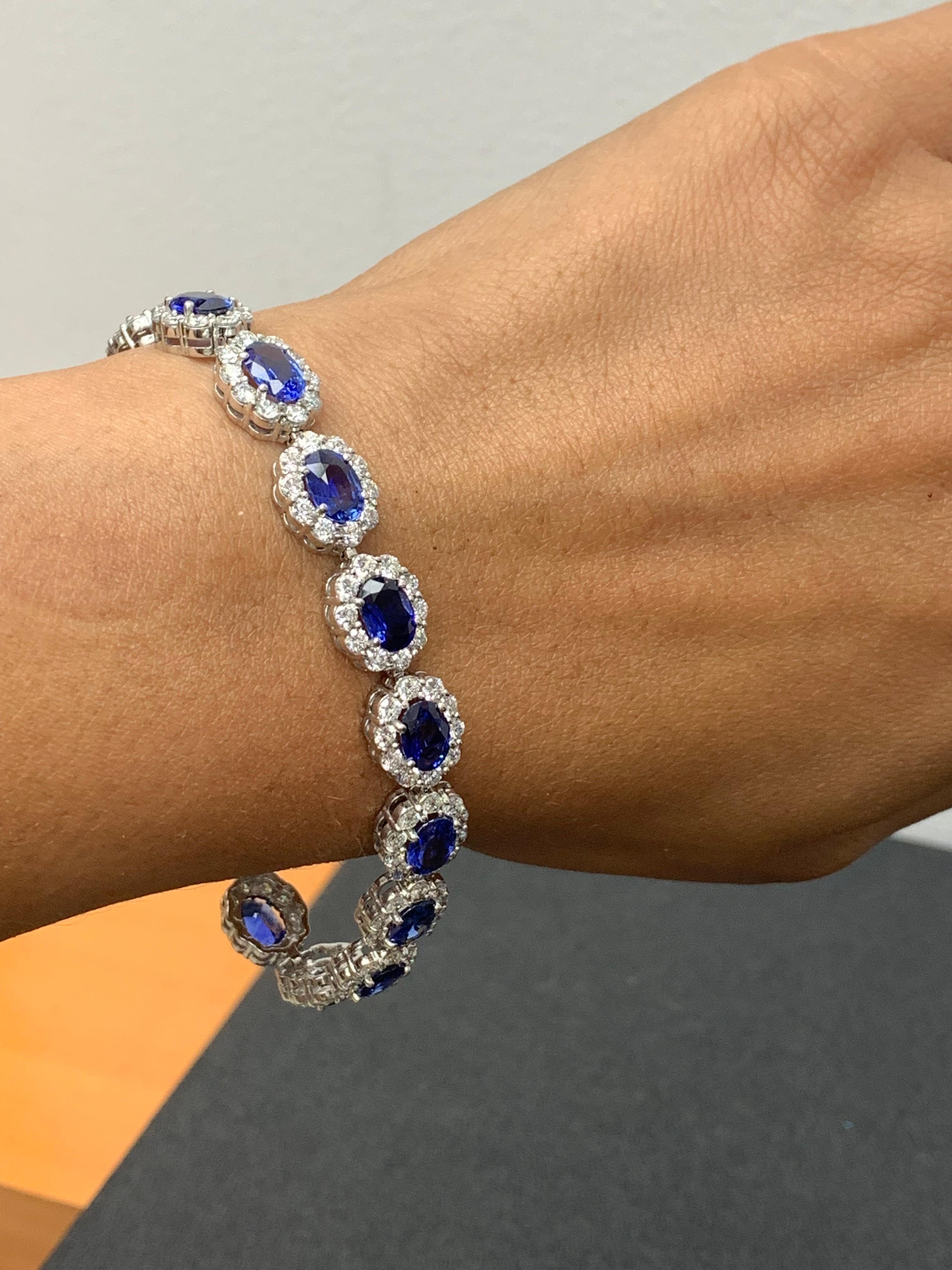 13.88 Carat Oval Cut Blue Sapphire and Diamond Halo Bracelet in 14K White Gold For Sale 3