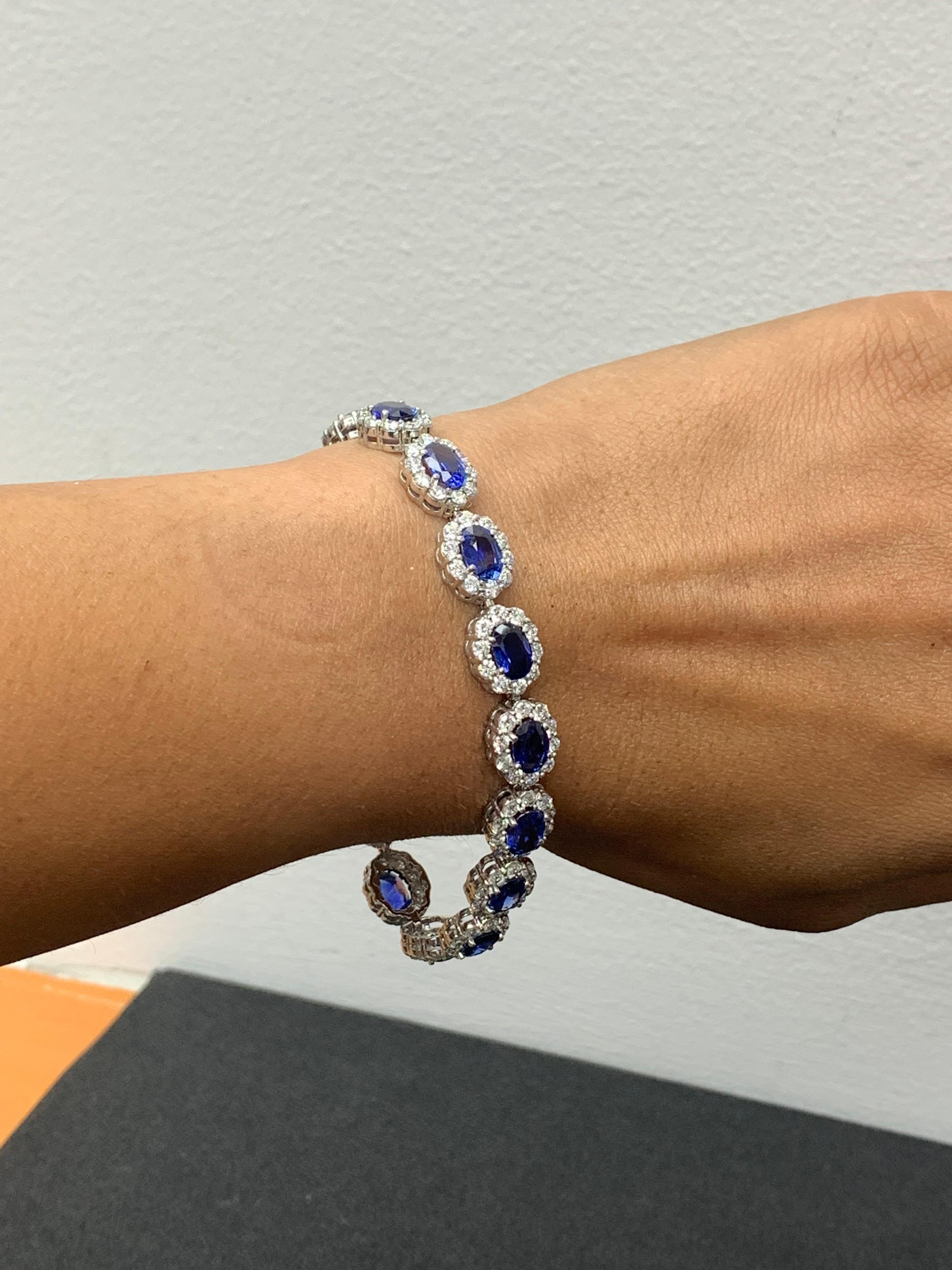 13.88 Carat Oval Cut Blue Sapphire and Diamond Halo Bracelet in 14K White Gold For Sale 4
