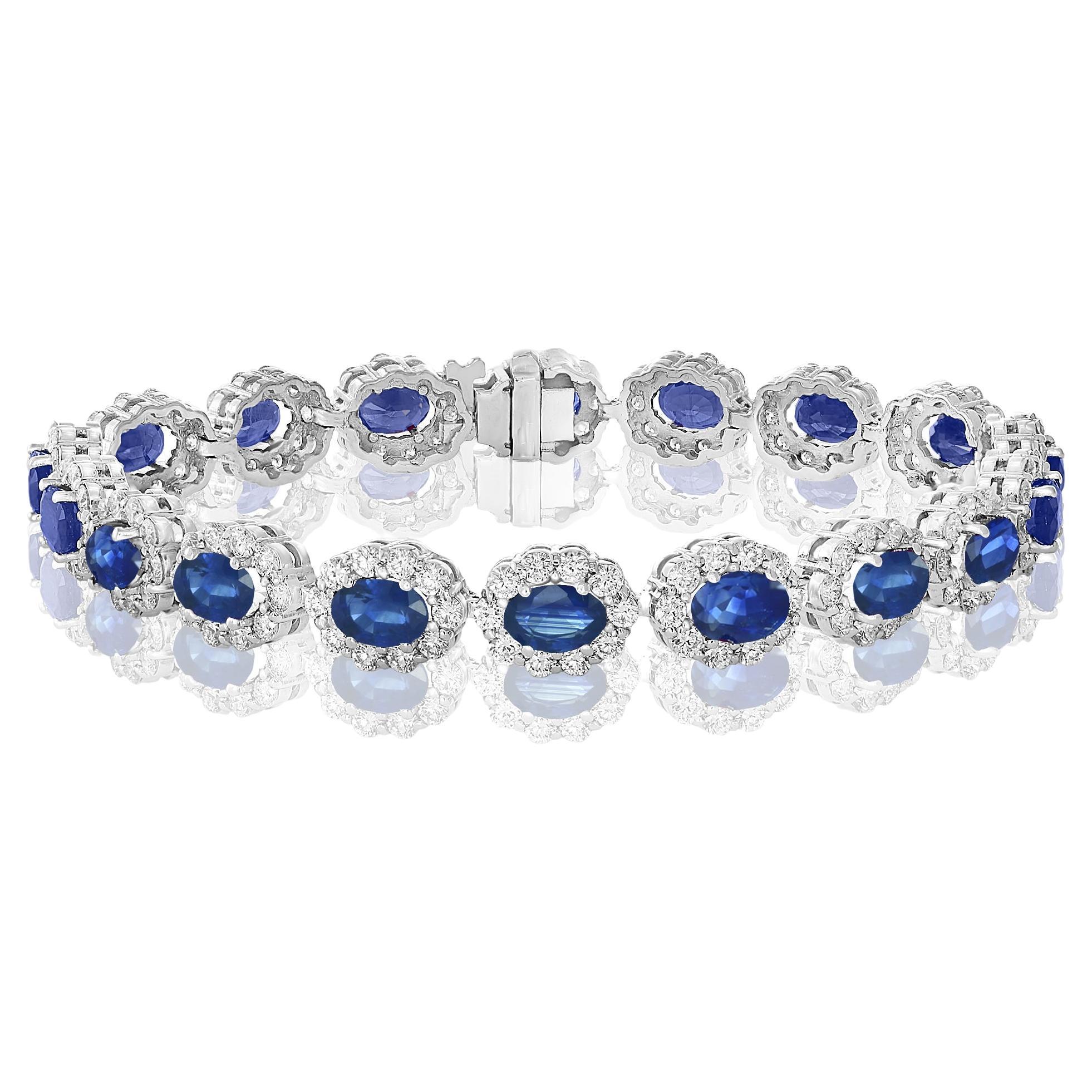 13.88 Carat Oval Cut Blue Sapphire and Diamond Halo Bracelet in 14K White Gold For Sale