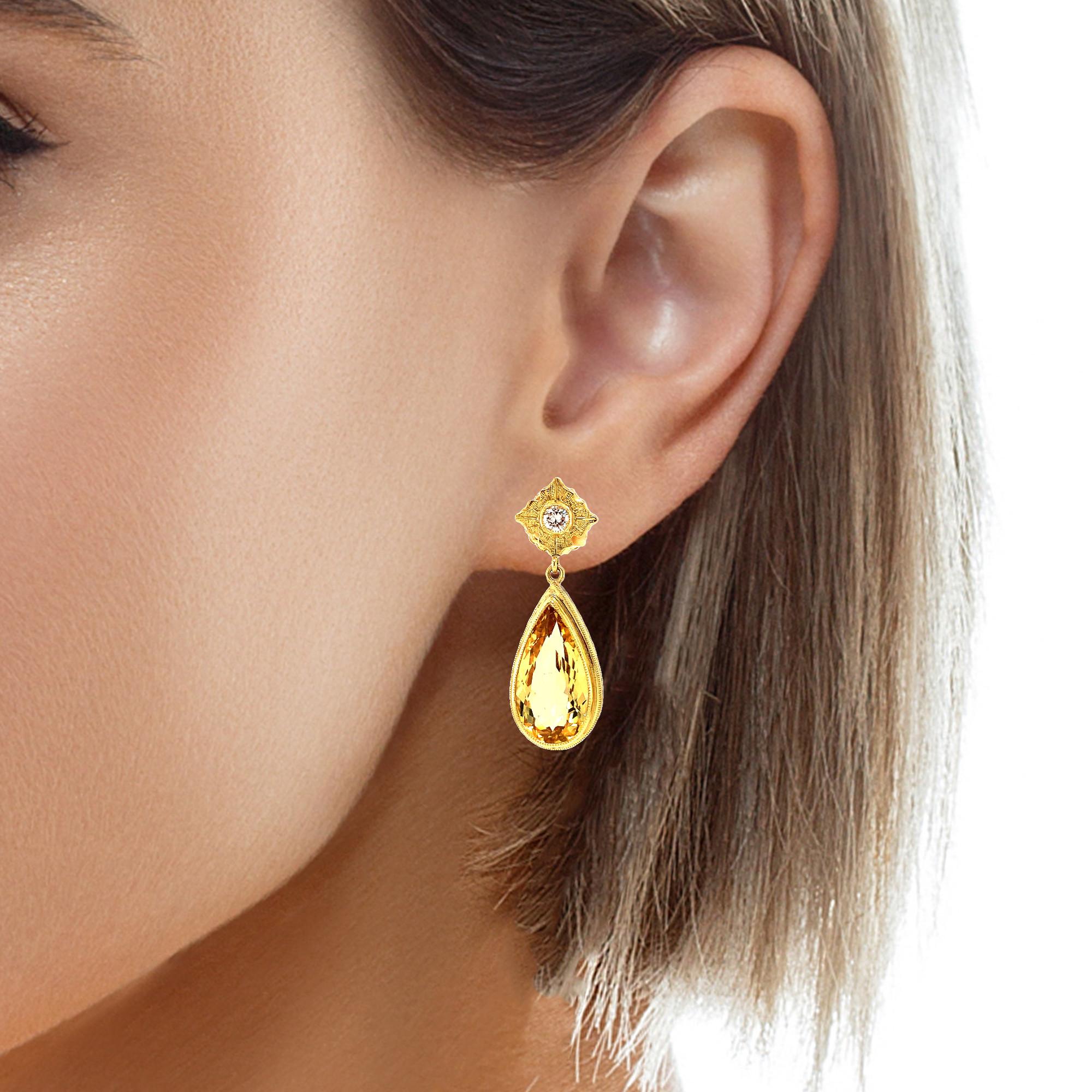 13.88 Carat Total Golden Beryl and Diamond Drop Dangle Yellow Gold Earrings 1