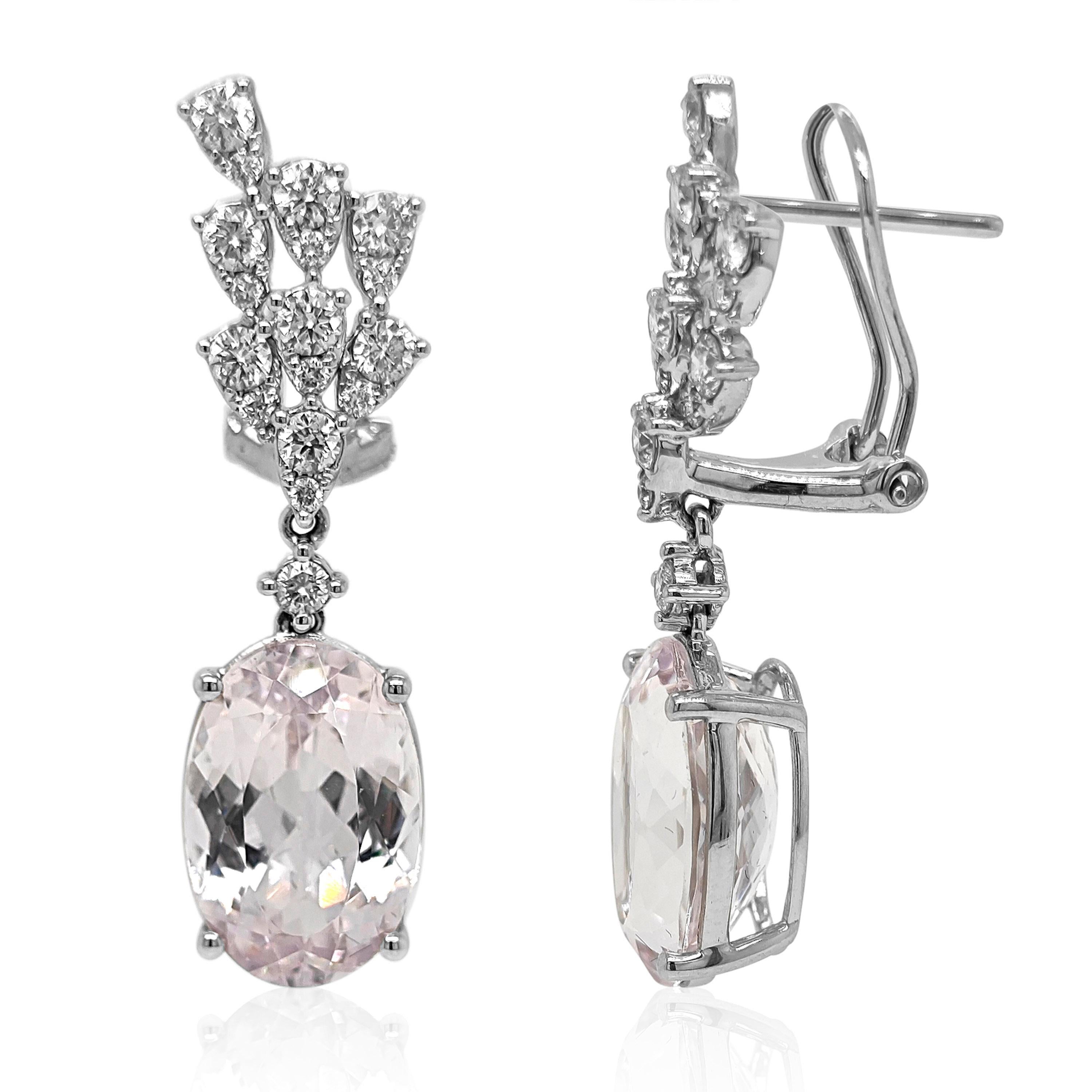 Mixed Cut 13.89 Carat Kunzite and White Diamond White Gold Earrings For Sale