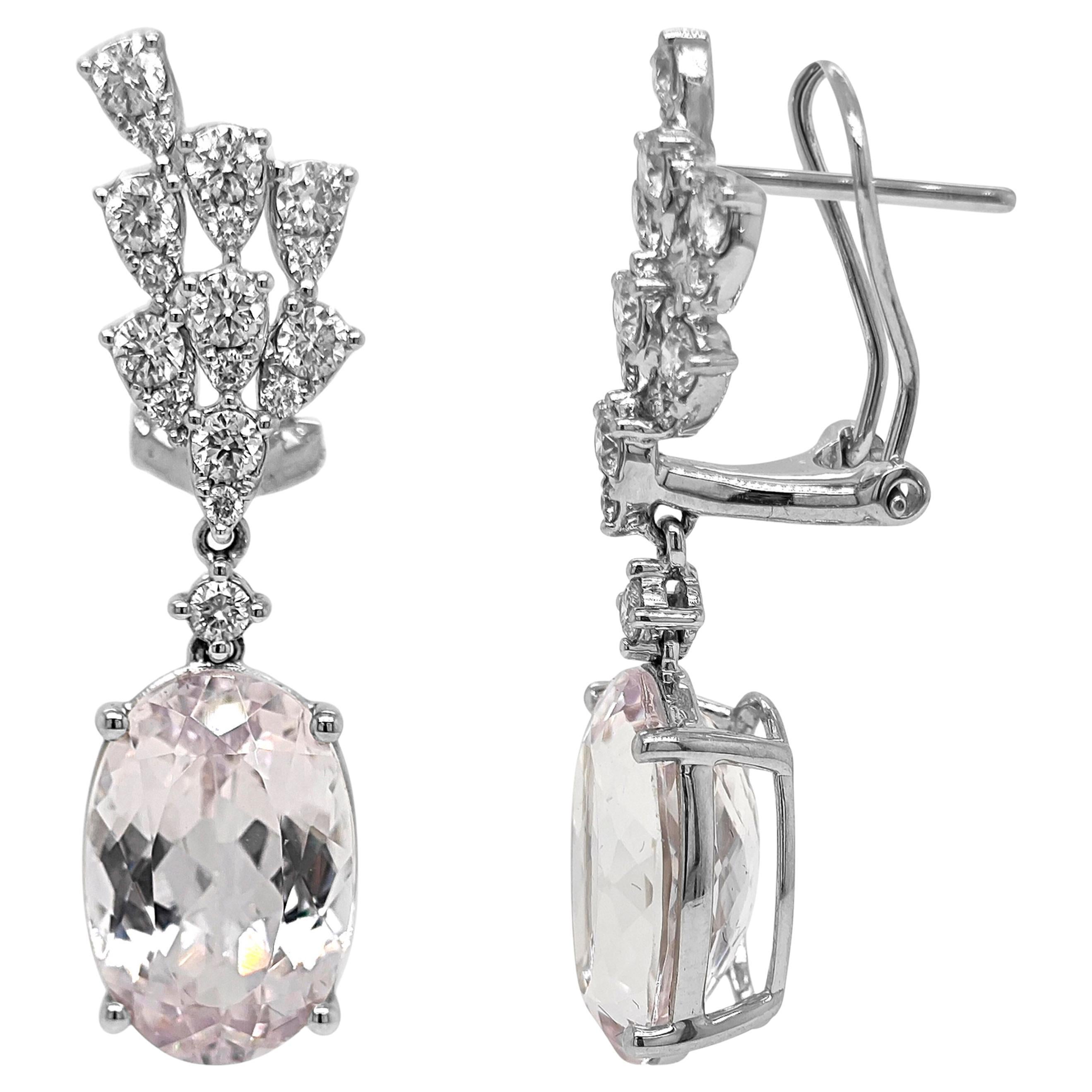 13.89 Carat Kunzite and White Diamond White Gold Earrings