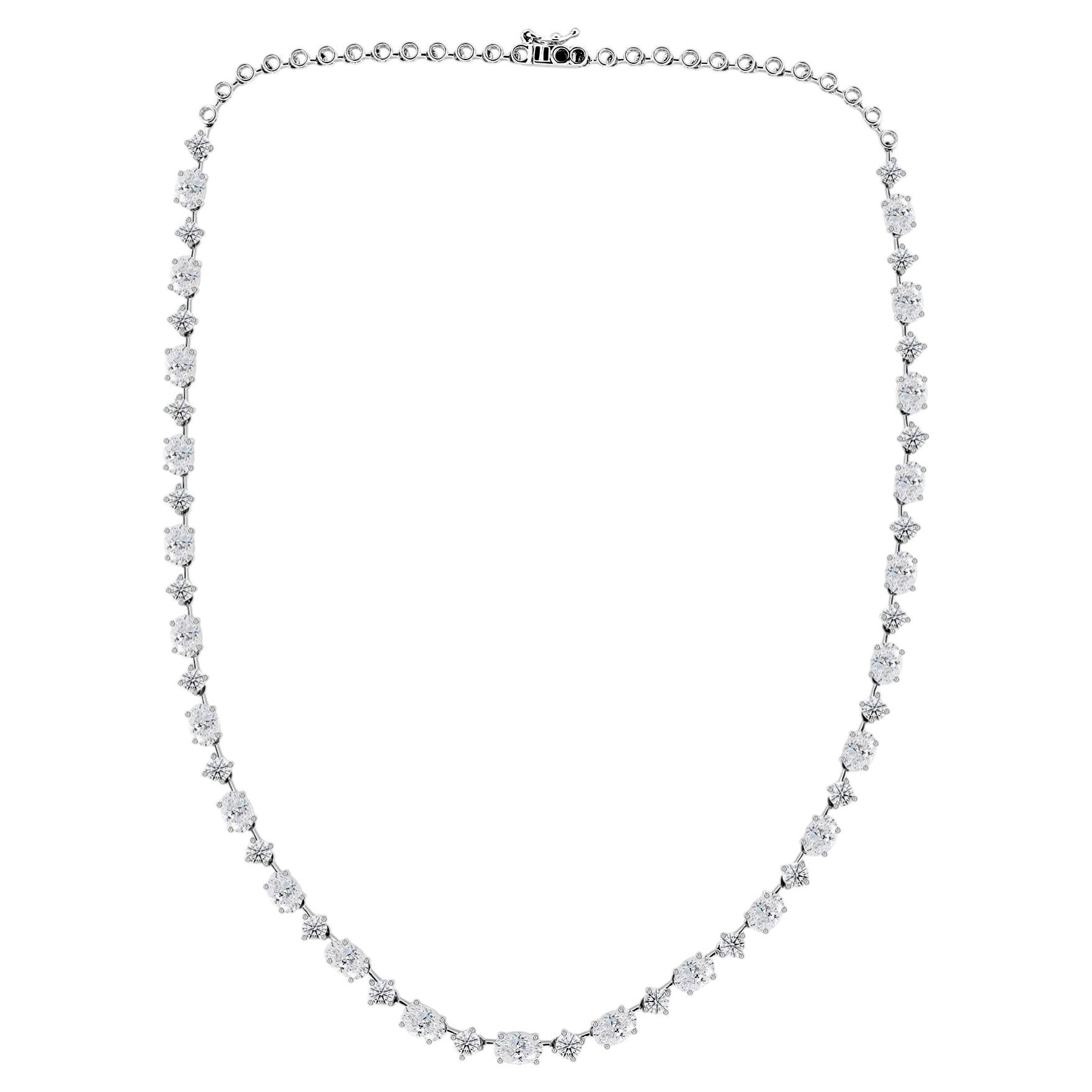 13.89 Carat Oval Round Natural Diamond Station Necklace 18K White Gold For Sale