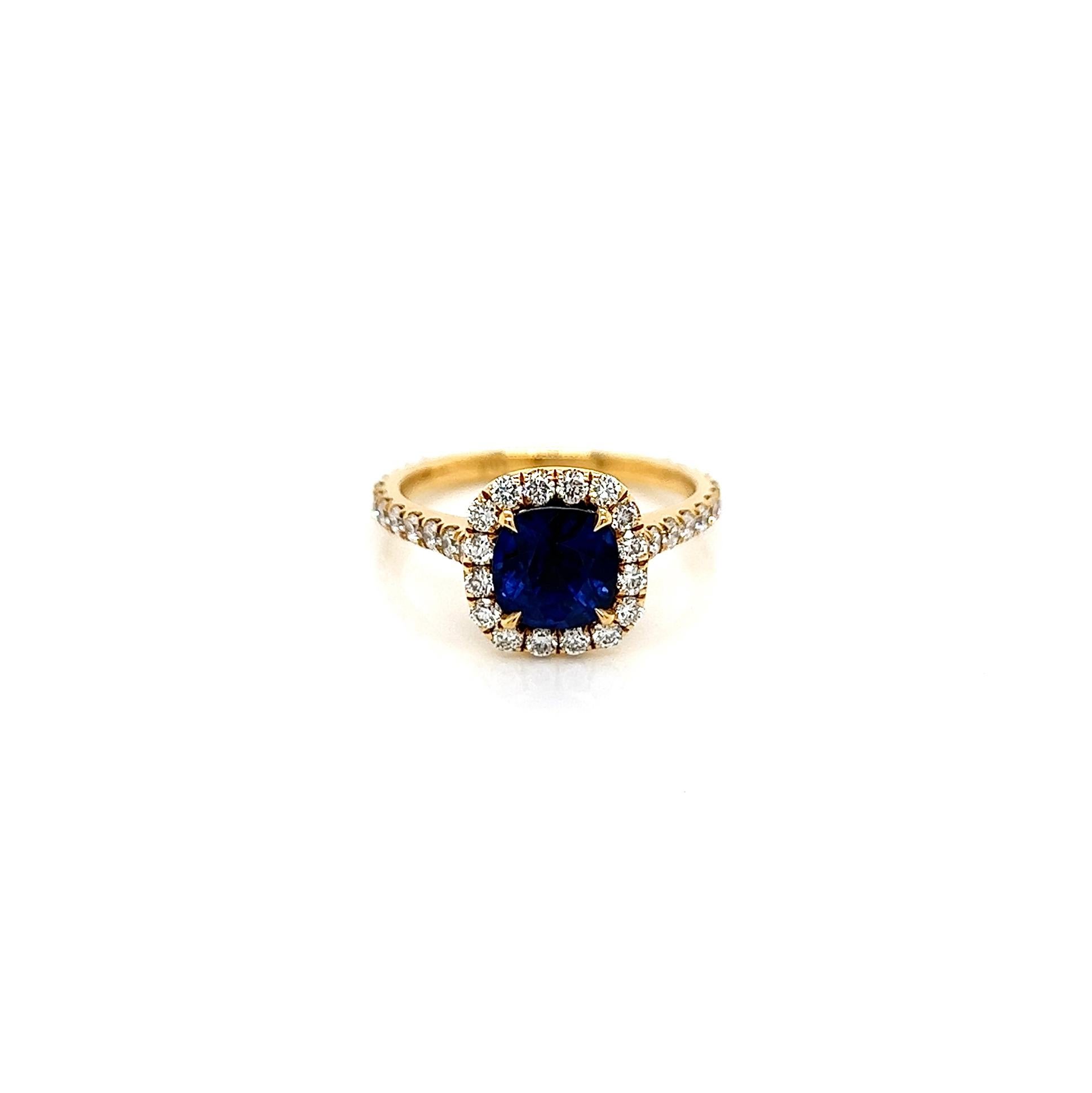 2.18 Total Carat Sapphire Diamond Engagement Ring
This style is truly timeless and always elegant. This style features a delicate halo that perfectly compliments the center stone and our signature handset pavé.

-Metal Type: 18K Yellow Gold
-1.38