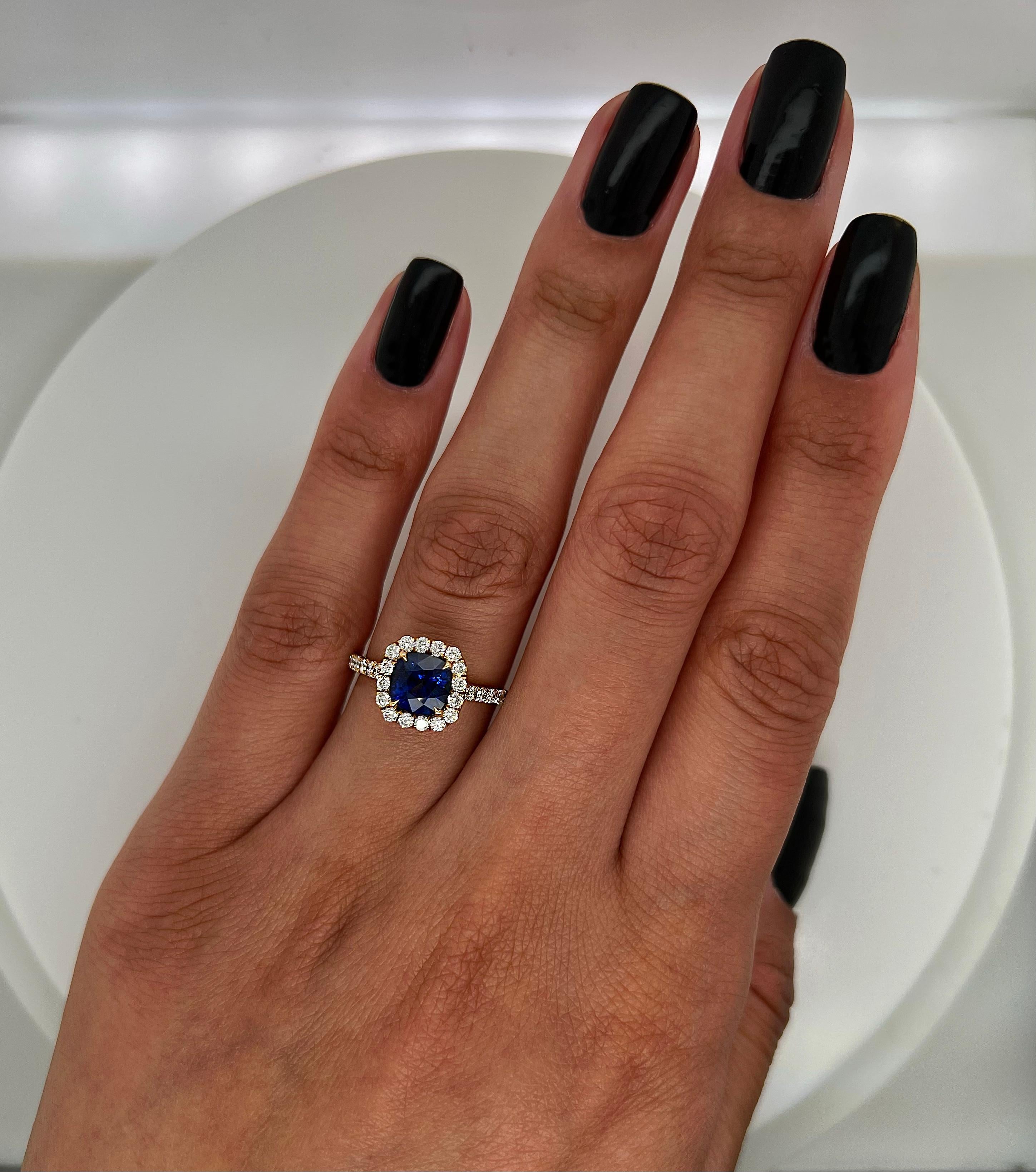 Cushion Cut 2.18 Total Carat Sapphire Diamond Engagement Ring For Sale