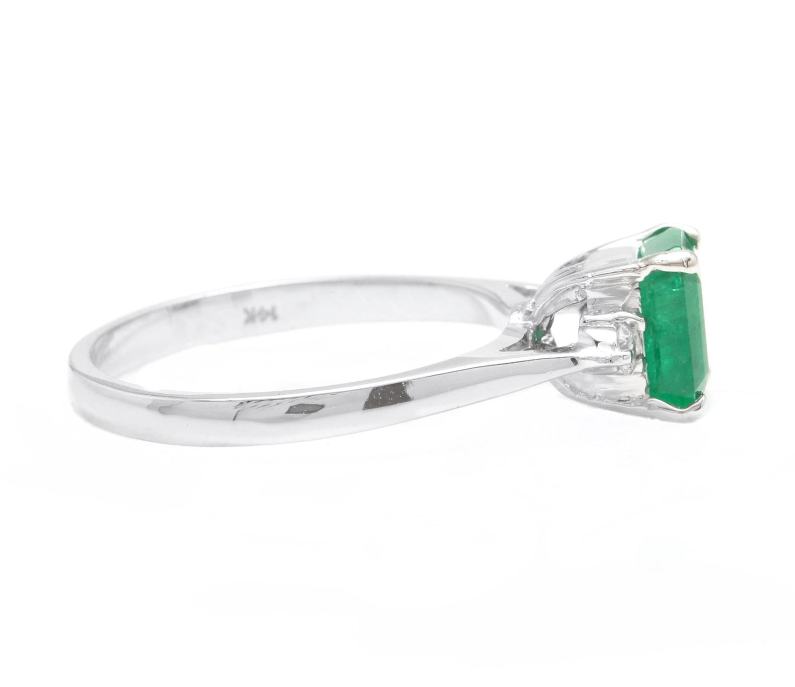 Emerald Cut 1.38 Carat Natural Emerald and Diamond 14 Karat Solid White Gold Ring For Sale