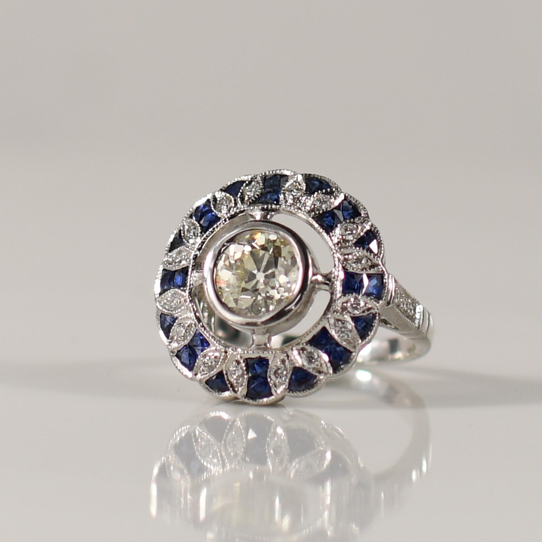Old European Cut 1.38ct Old Euro Diamond Art Deco Inspired Bezel Set Ring Sapphire & Diamond Halo For Sale