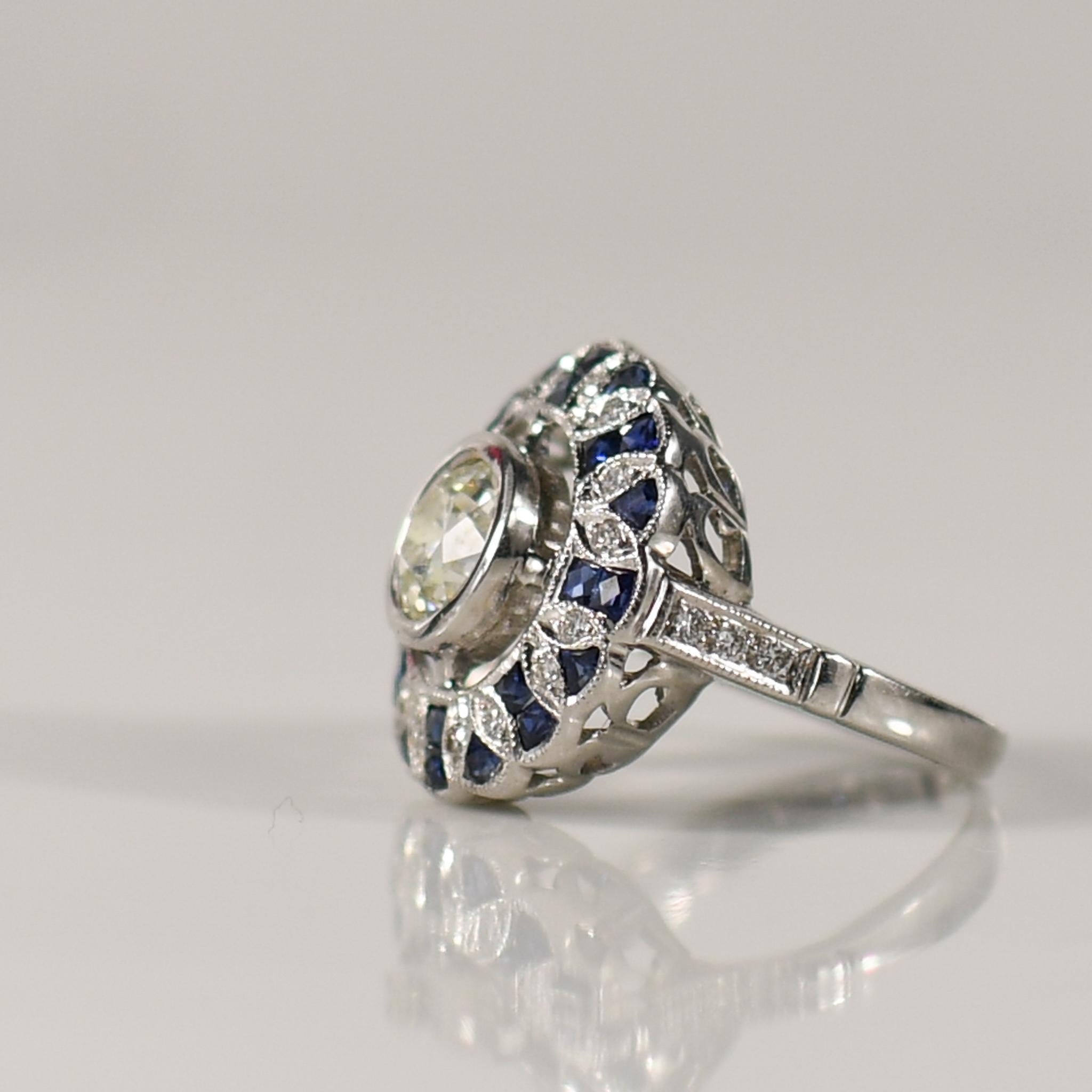 1.38ct Old Euro Diamond Art Deco Inspired Bezel Set Ring Sapphire & Diamond Halo In Good Condition For Sale In Addison, TX