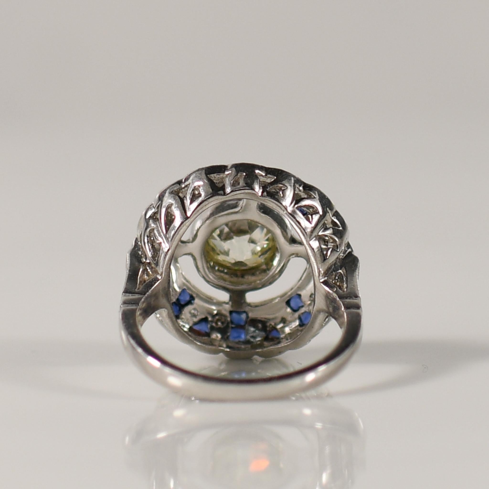Women's 1.38ct Old Euro Diamond Art Deco Inspired Bezel Set Ring Sapphire & Diamond Halo For Sale