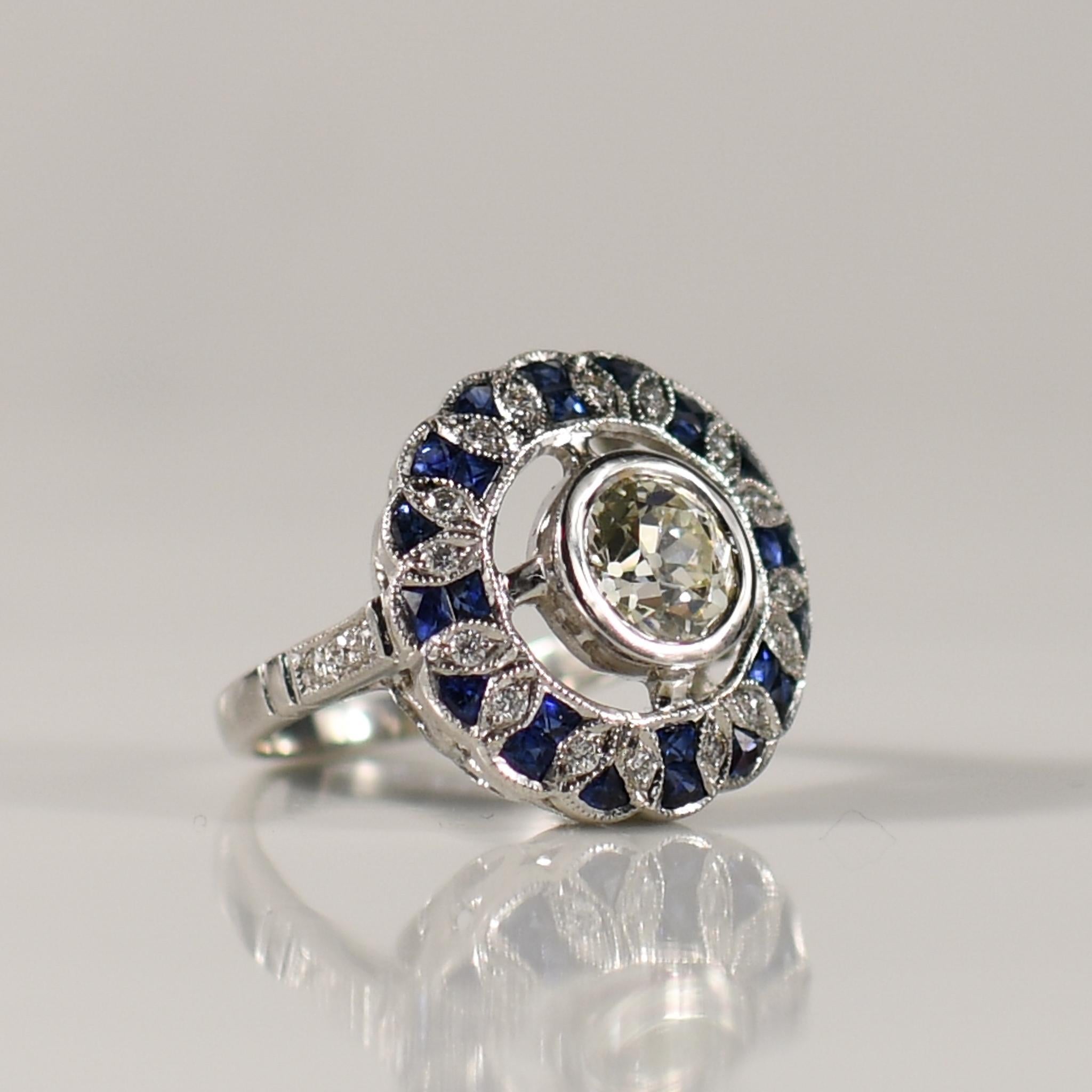 1.38ct Old Euro Diamond Art Deco Inspired Bezel Set Ring Sapphire & Diamond Halo For Sale 1