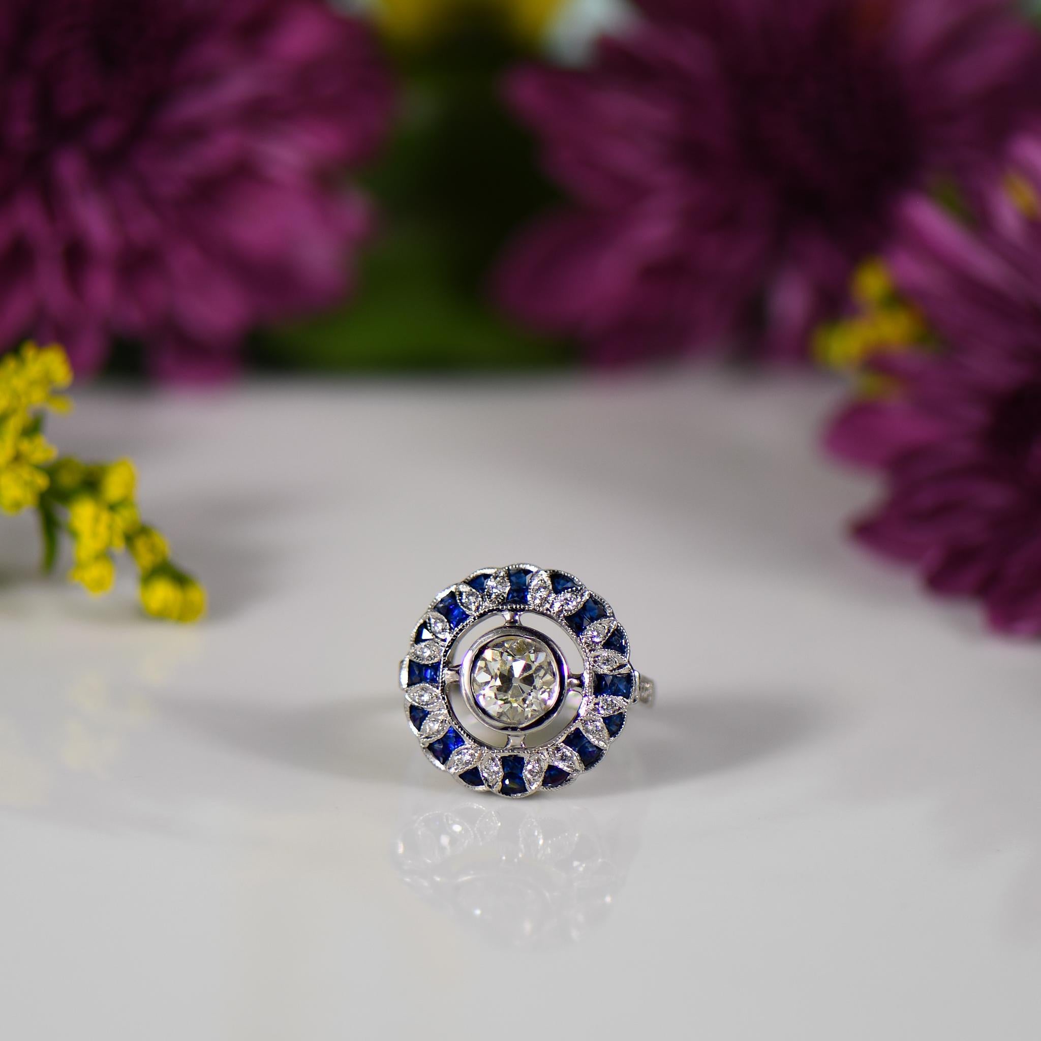 1.38ct Old Euro Diamond Art Deco Inspired Bezel Set Ring Sapphire & Diamond Halo For Sale 2