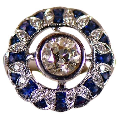 1.38ct Old Euro Diamond Art Deco Inspired Bezel Set Ring Sapphire & Diamond Halo For Sale